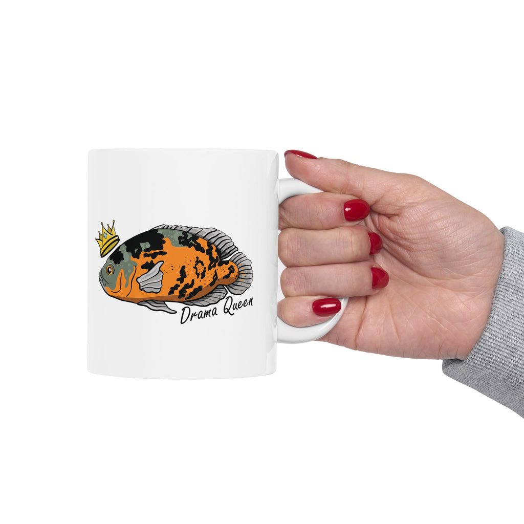 White mug with colorful Oscar fish design and Drama Queen text perfect Oscar fish mug gift