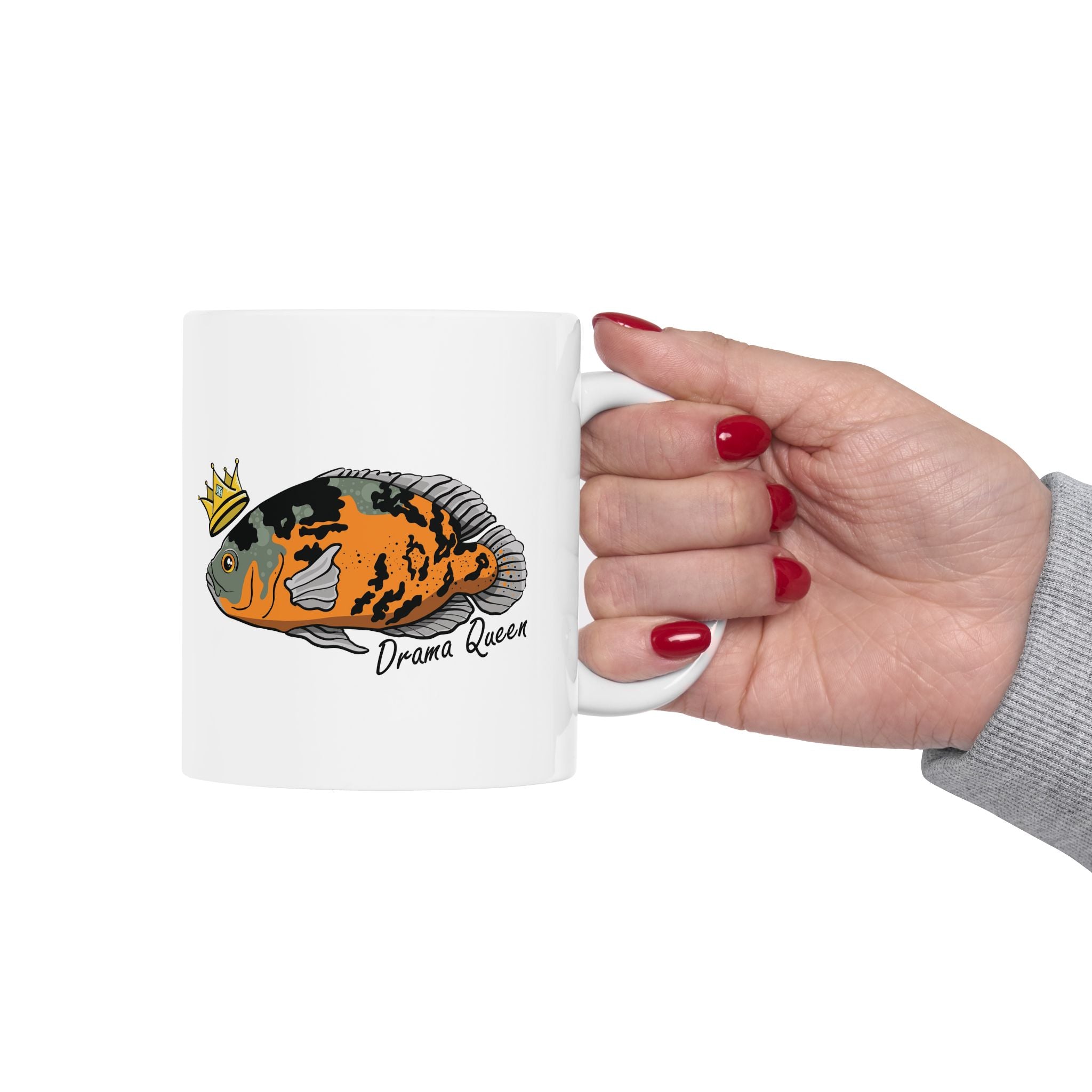 White mug with colorful Oscar fish design and Drama Queen text perfect Oscar fish mug gift