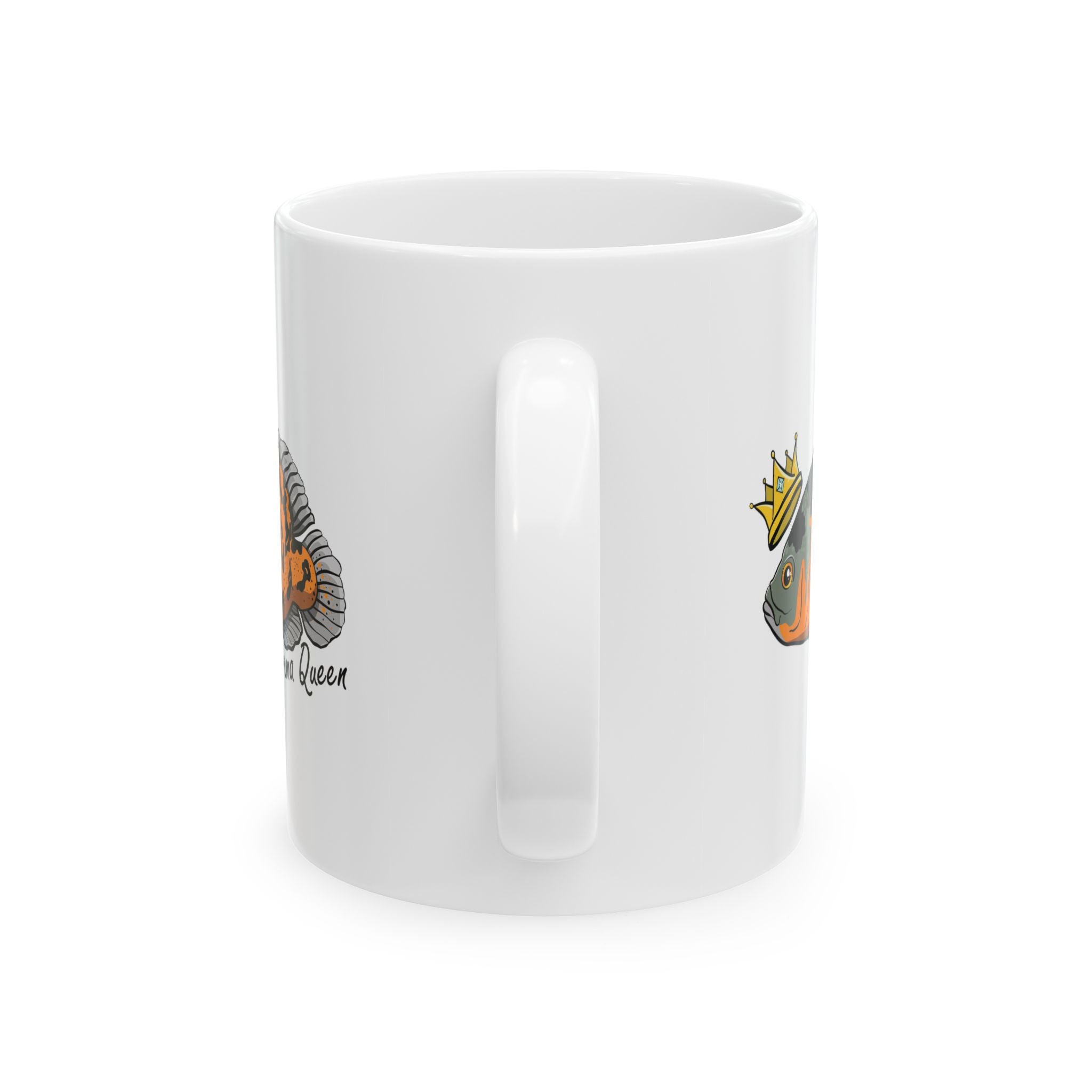 White ceramic mug with colorful Oscar fish design featuring a fish wearing a crown Oscar fish mug gift