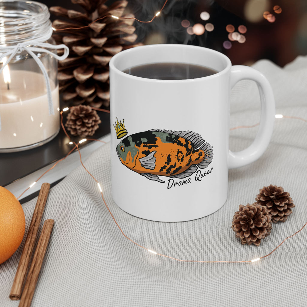 White mug with colorful Oscar fish design and text Drama Queen perfect Oscar fish mug gift