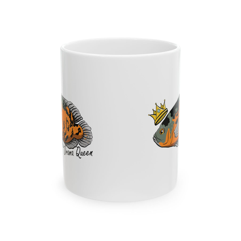White mug featuring colorful Oscar fish illustrations with crown and drama queen text Oscar fish mug gift