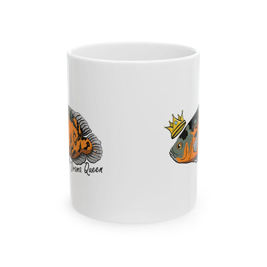 White mug featuring colorful Oscar fish illustrations with crown and drama queen text Oscar fish mug gift