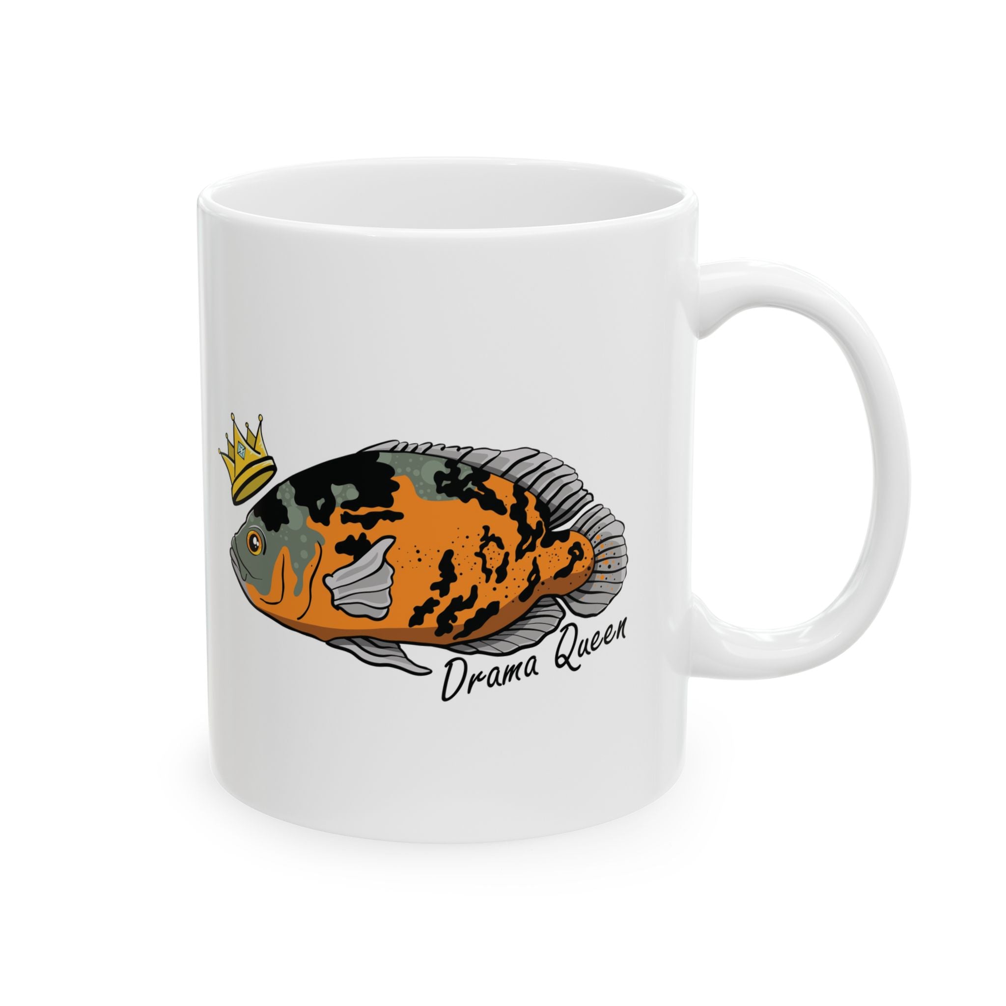 White ceramic mug featuring an Oscar fish with a crown and Drama Queen text Oscar fish mug gift
