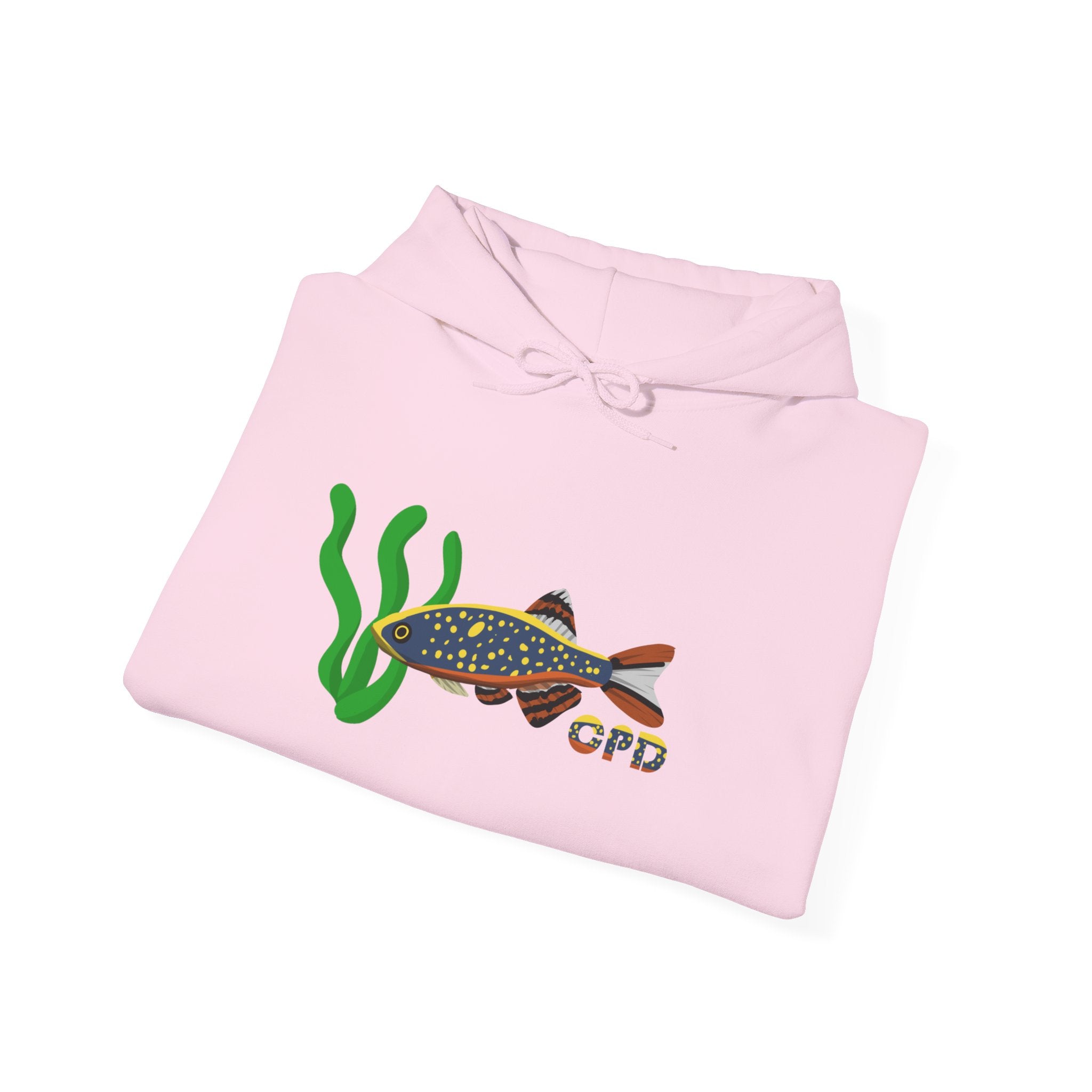 Folded pink hoodie showing Galaxy Rasbora and plant design