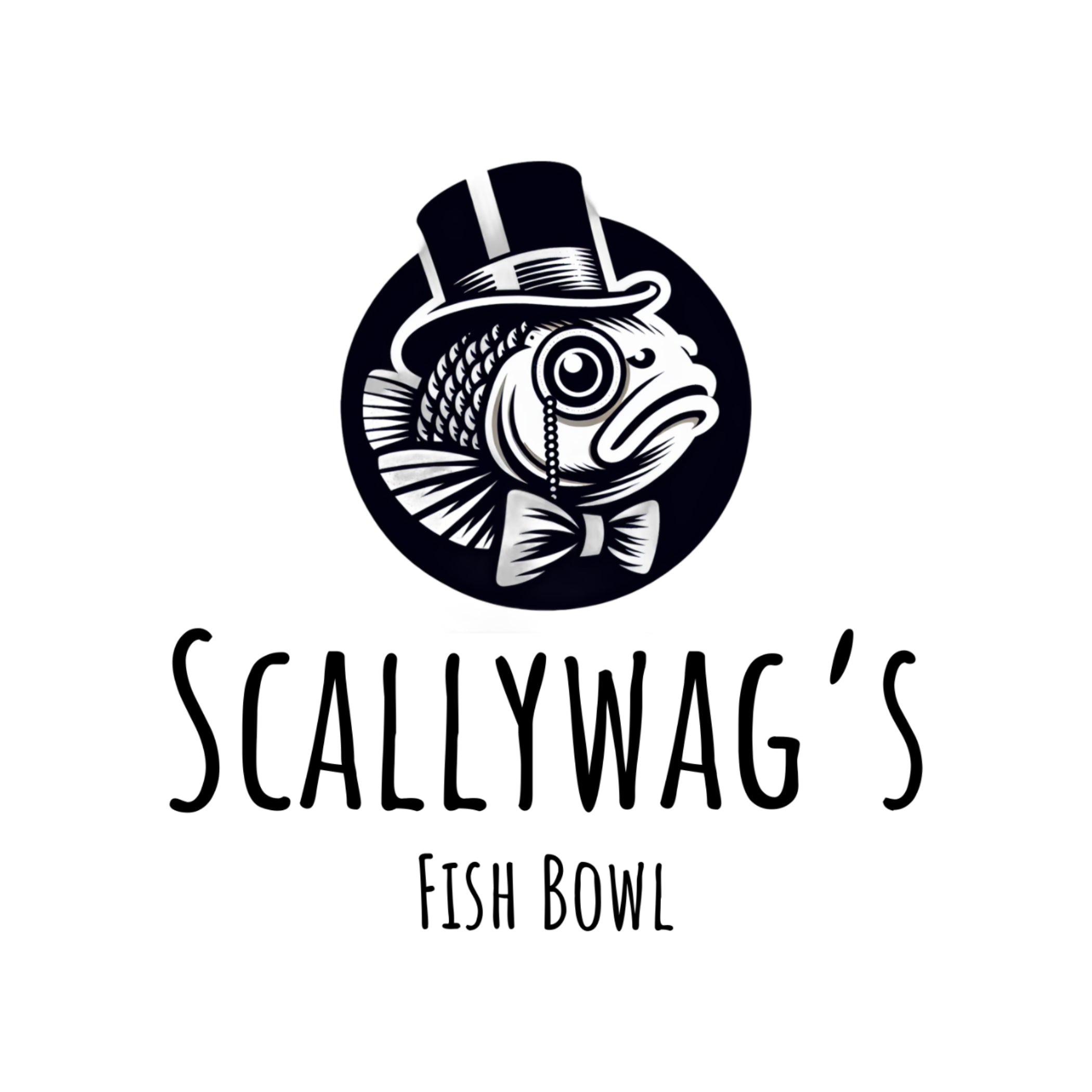 Logo of Scallywag's Fish Bowl with a fish wearing a top hat and bow tie.