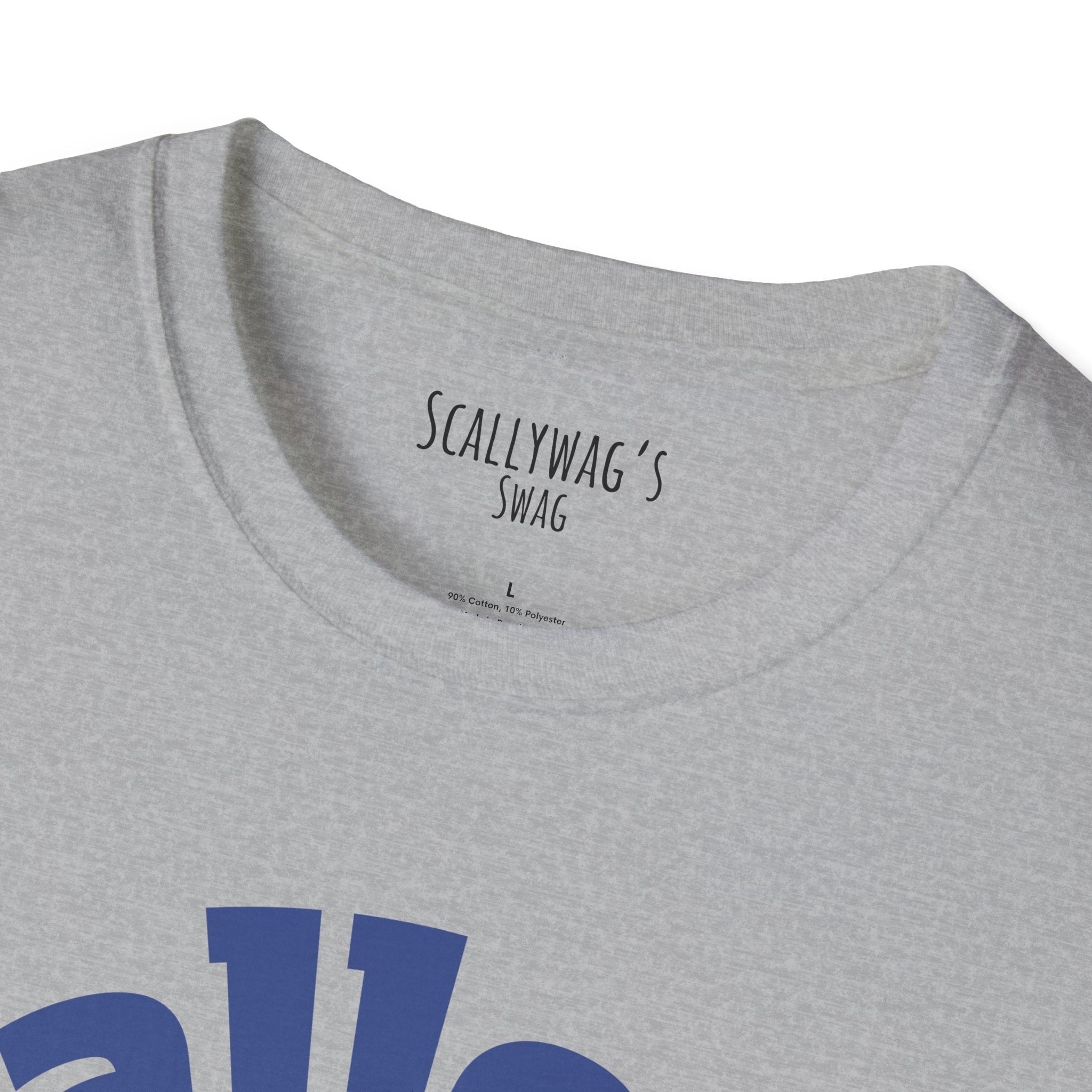 Close-up of gray  monster tank hobbyist t-shirt collar and partial logo design