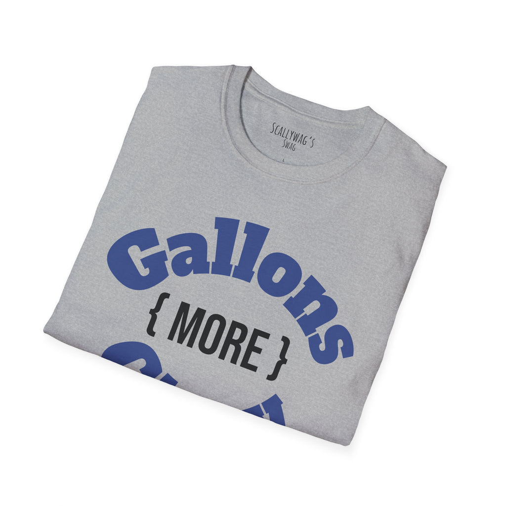 Gray folded monster tank hobbyist t-shirt with bold blue and black Gallons More graphic design