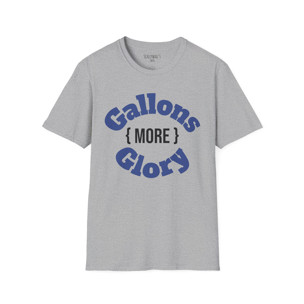 Gray monster tank hobbyist t-shirt with blue Gallons More Glory text