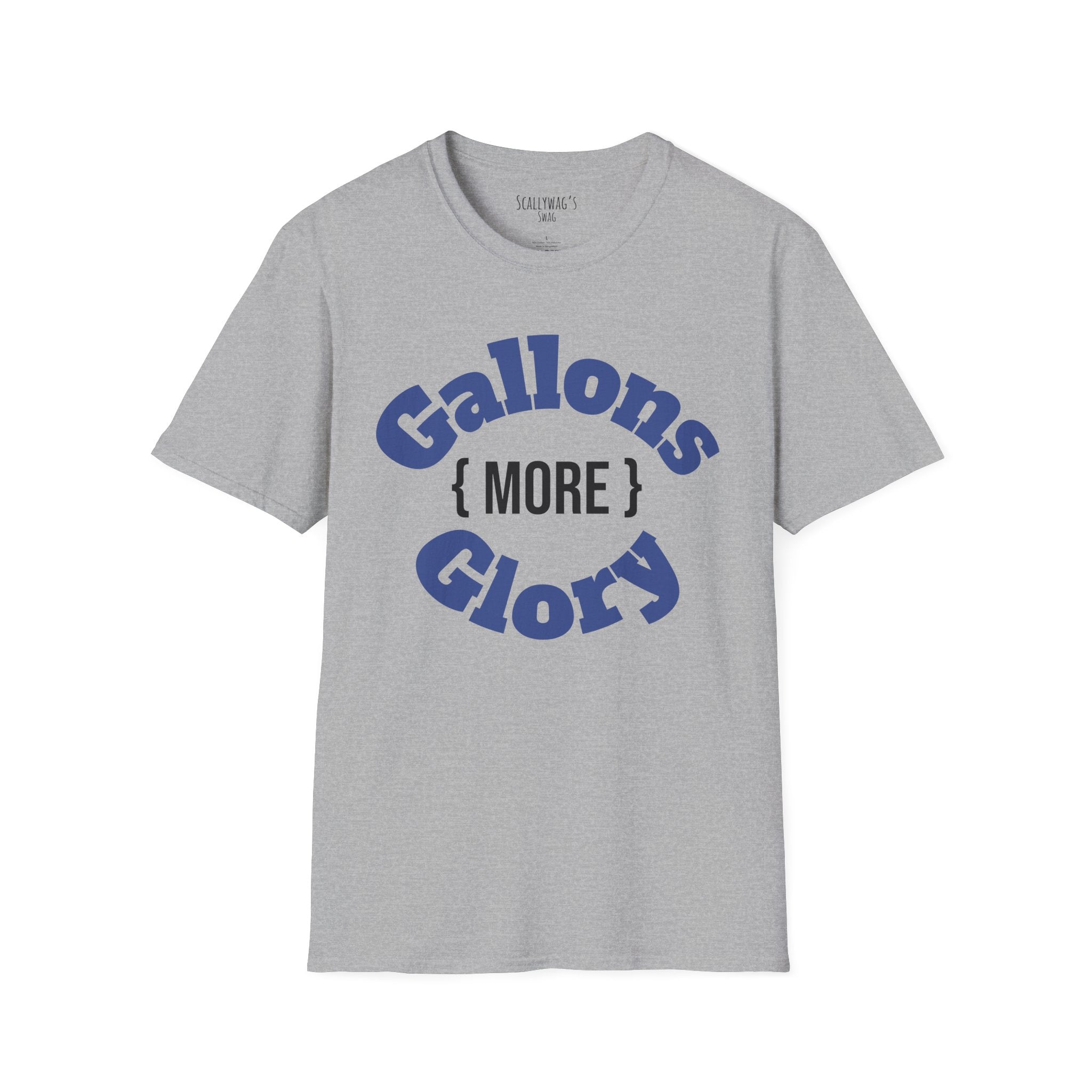 Gray monster tank hobbyist t-shirt with blue Gallons More Glory text