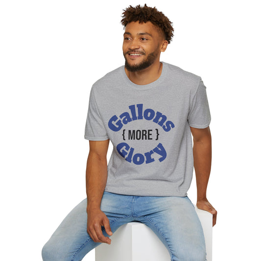 Grey monster tank hobbyist t-shirt with gallons more glory text worn by smiling seated man