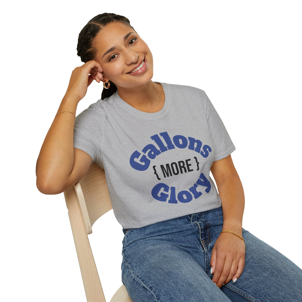 Smiling woman wearing a light gray monster tank hobbyist t-shirt with Gallons More Glory graphic
