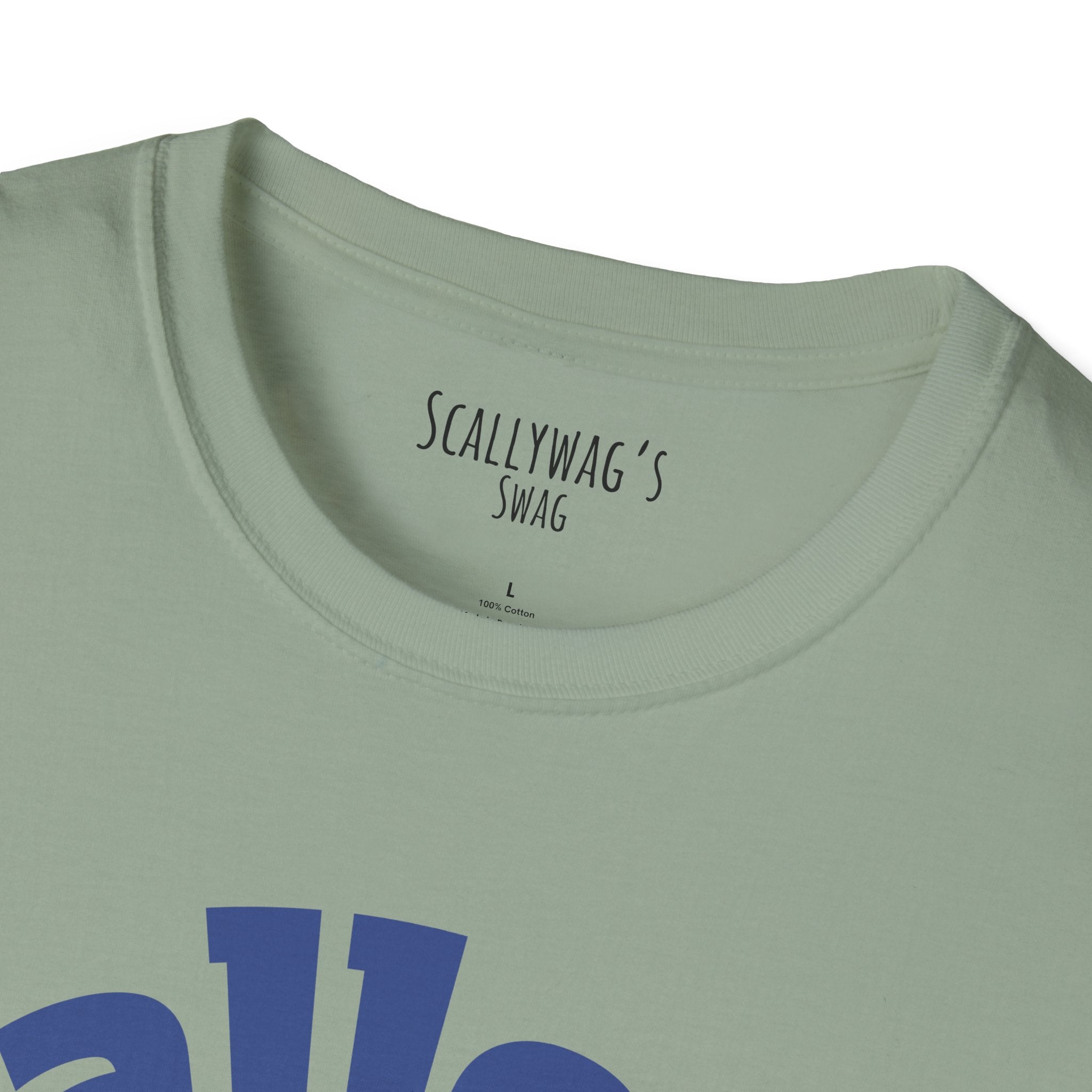 Close-up of monster tank hobbyist t-shirt collar and upper chest in light green