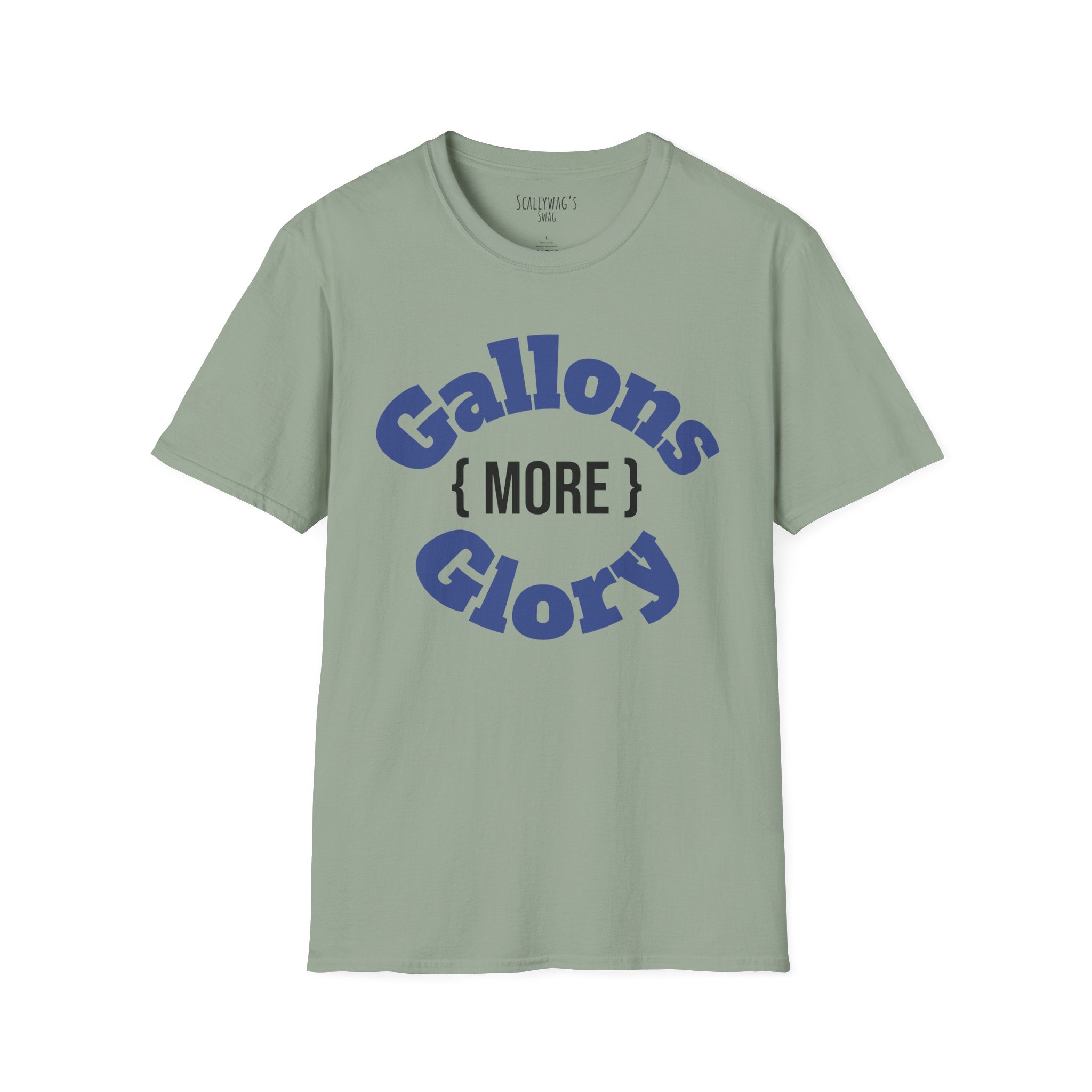 Monster tank hobbyist t-shirt in light green with Gallons More Glory blue text design