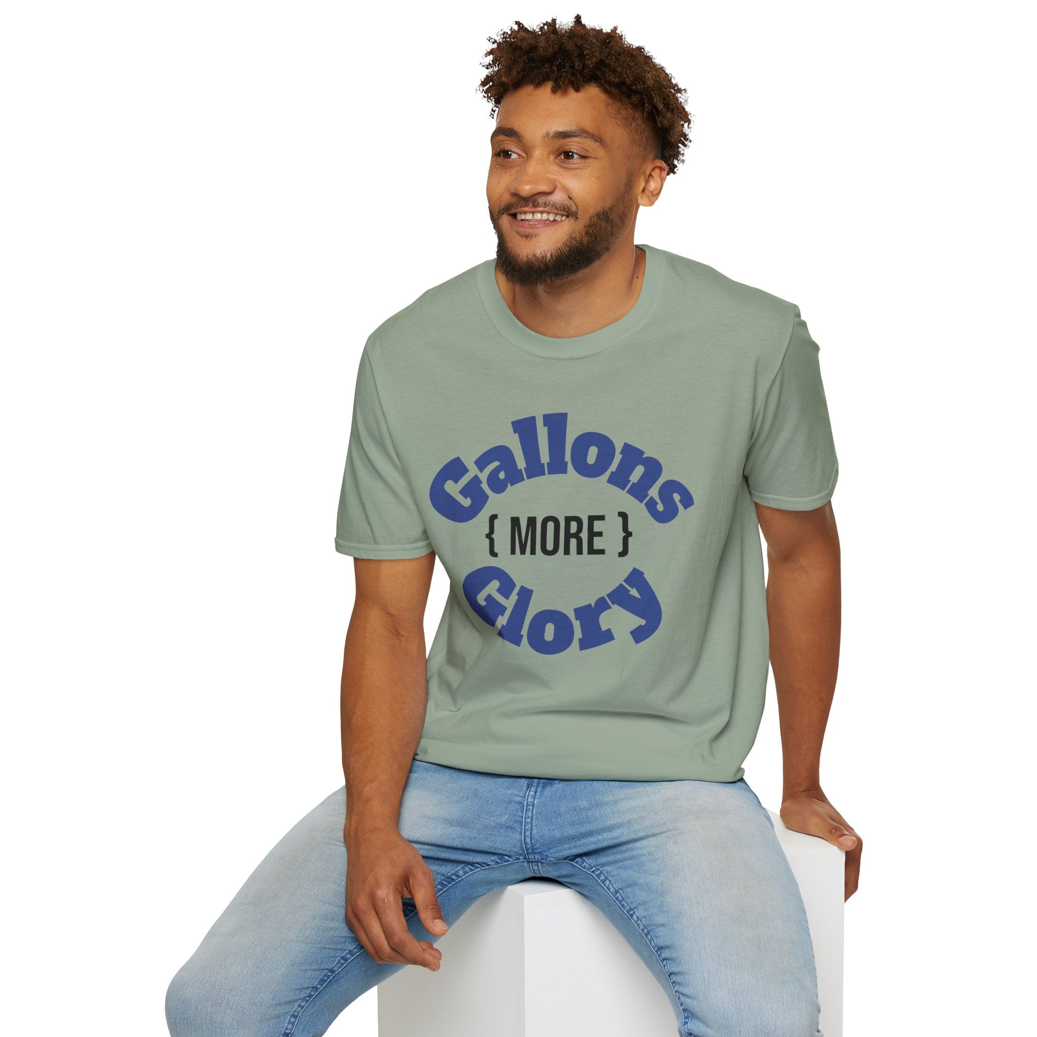 Monster tank hobbyist t-shirt with gallons of glory graphic worn by smiling man