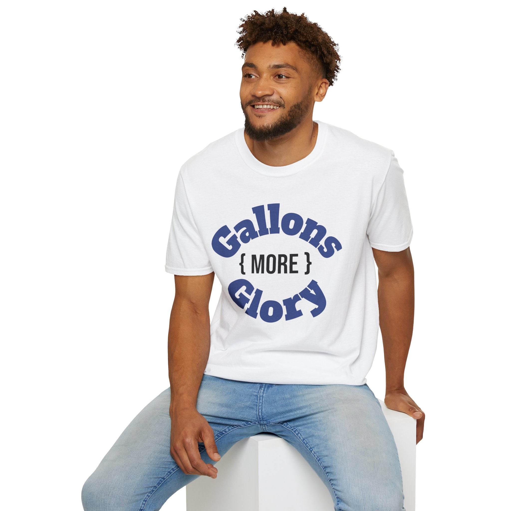 White monster tank hobbyist t-shirt with Gallons More Glory blue text worn by smiling man