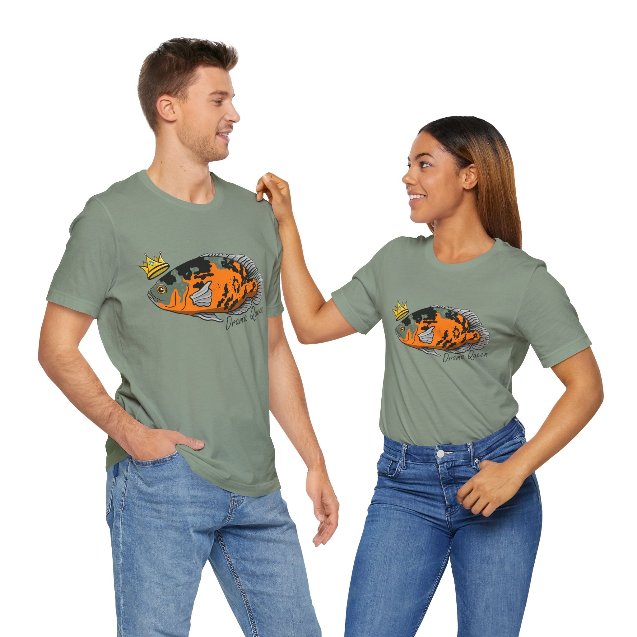Man and woman wearing matching Drama Queen Oscar Fish T-Shirt in green