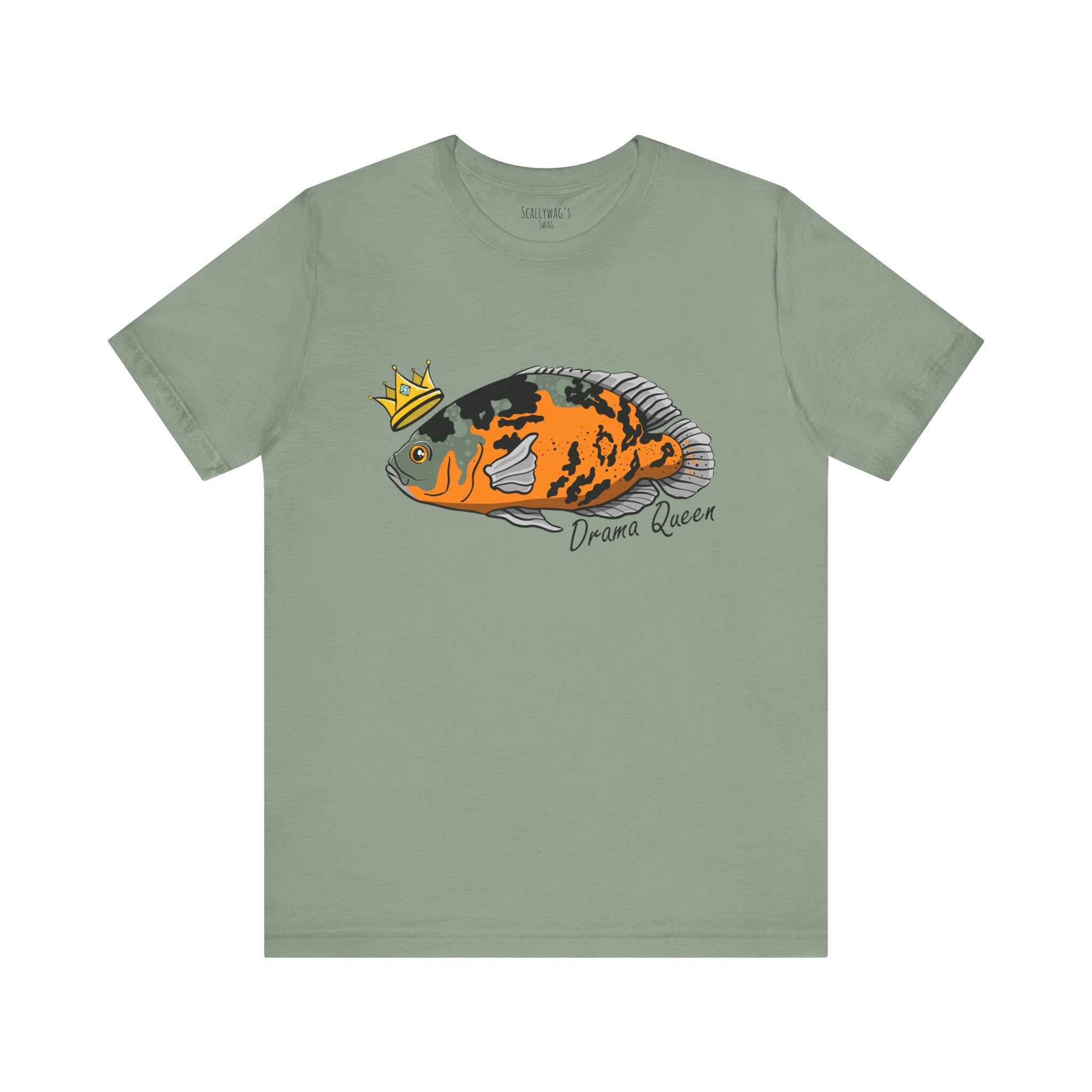 Green t-shirt featuring a colorful orange and black Oscar fish wearing a crown with text Drama Queen Oscar Fish T-Shirt