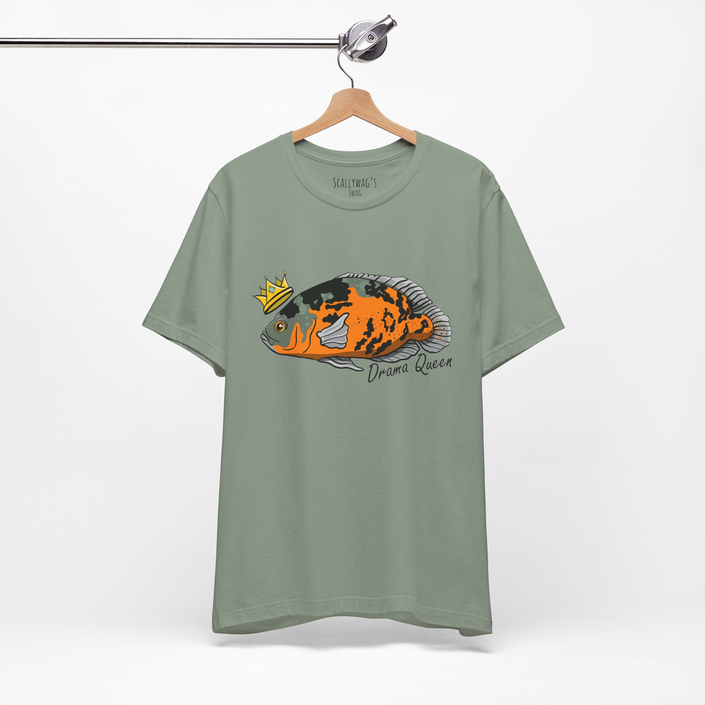 Green Drama Queen Oscar Fish T-Shirt with orange fish wearing a crown graphic