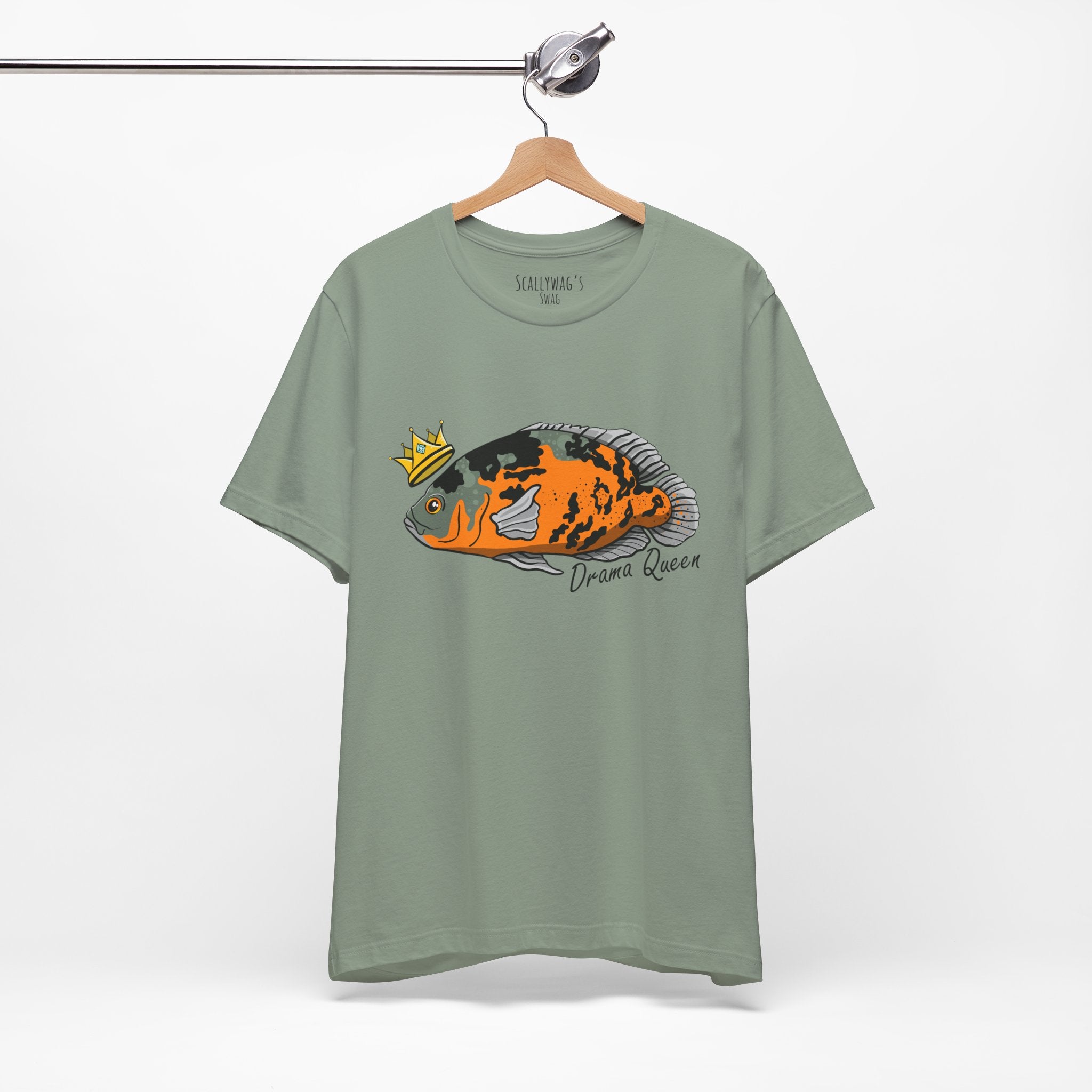Green Drama Queen Oscar Fish T-Shirt with orange fish wearing a crown graphic