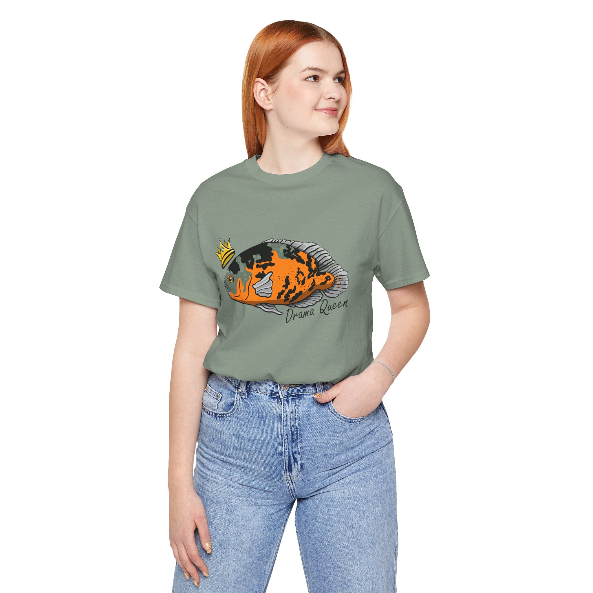 Green Drama Queen Oscar Fish T-Shirt featuring a crowned orange and black oscar fish graphic