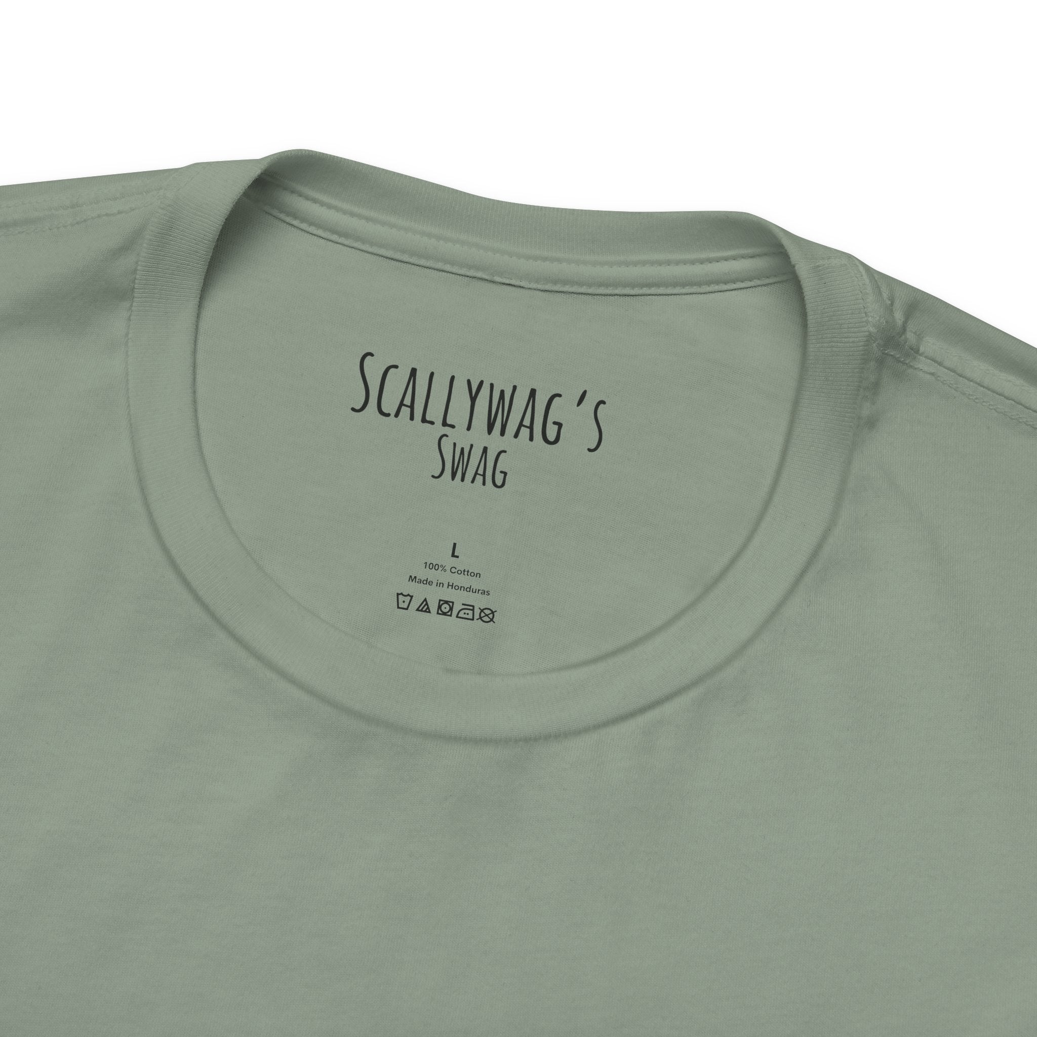 Close-up of light green Drama Queen Oscar Fish T-Shirt collar with Scallywag's Swag label