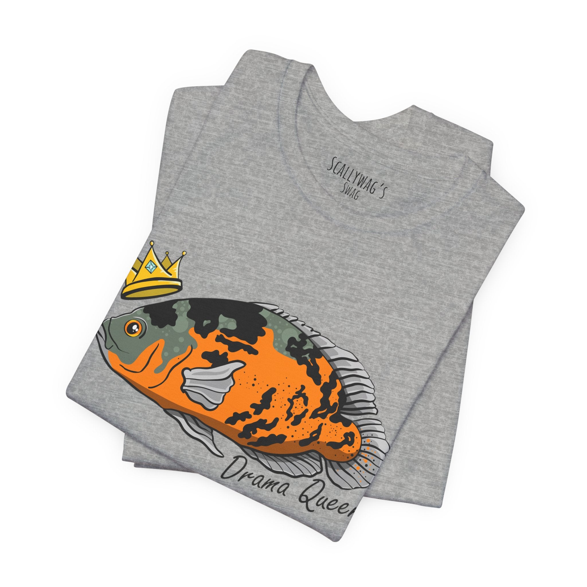Gray Drama Queen Oscar Fish T-Shirt with colorful fish graphic and crown printed on front