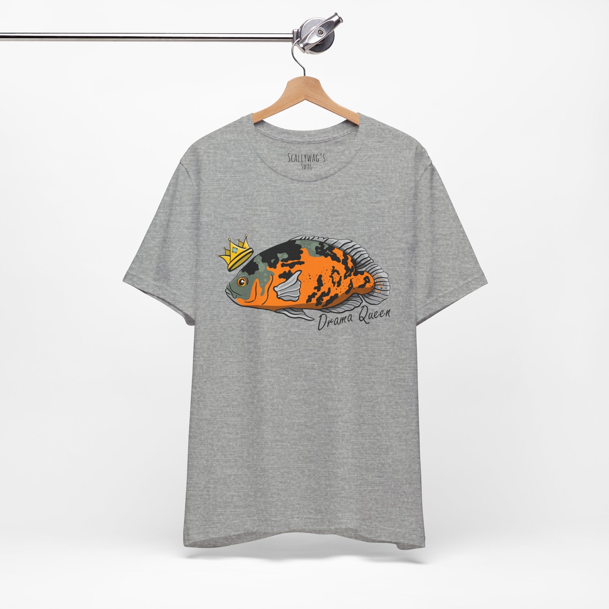 Grey Drama Queen Oscar Fish T-Shirt with colorful fish and crown graphic
