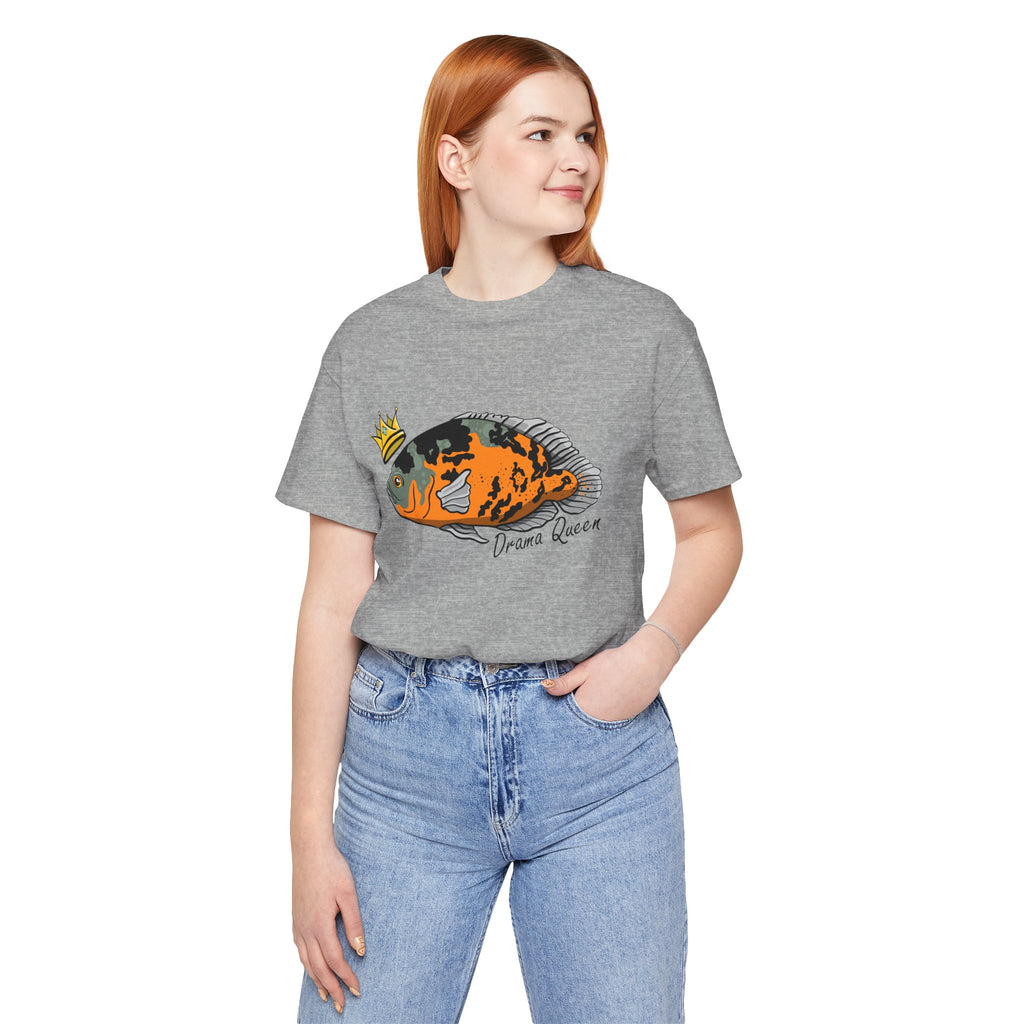 Drama Queen Oscar Fish T-Shirt in gray worn by woman with casual blue jeans