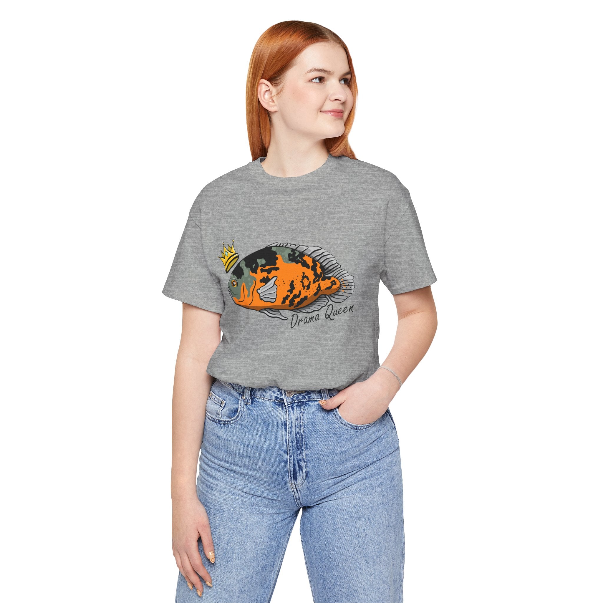 Drama Queen Oscar Fish T-Shirt in gray worn by woman with casual blue jeans