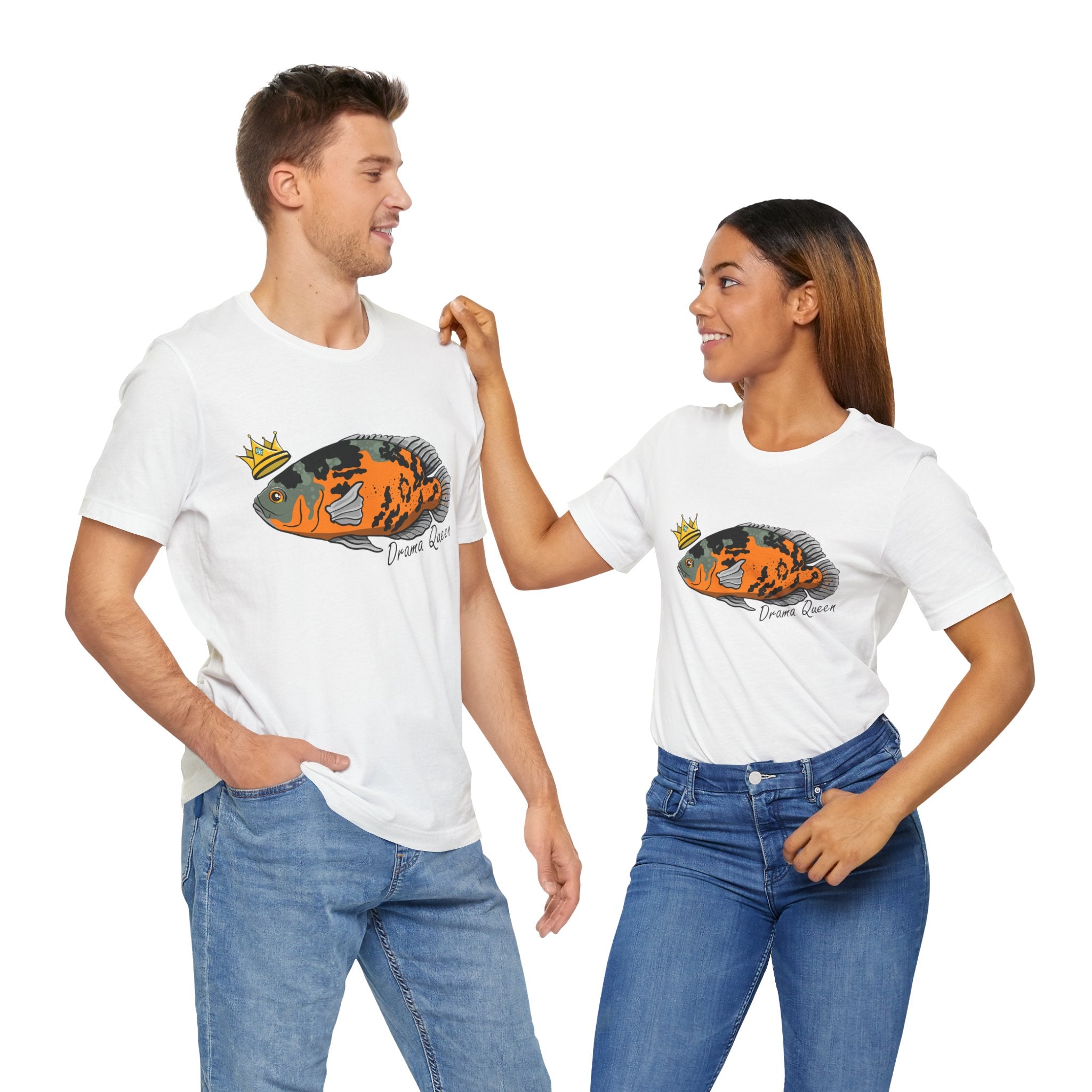 Man and woman wearing white Drama Queen Oscar Fish T-Shirt with colorful fish graphic