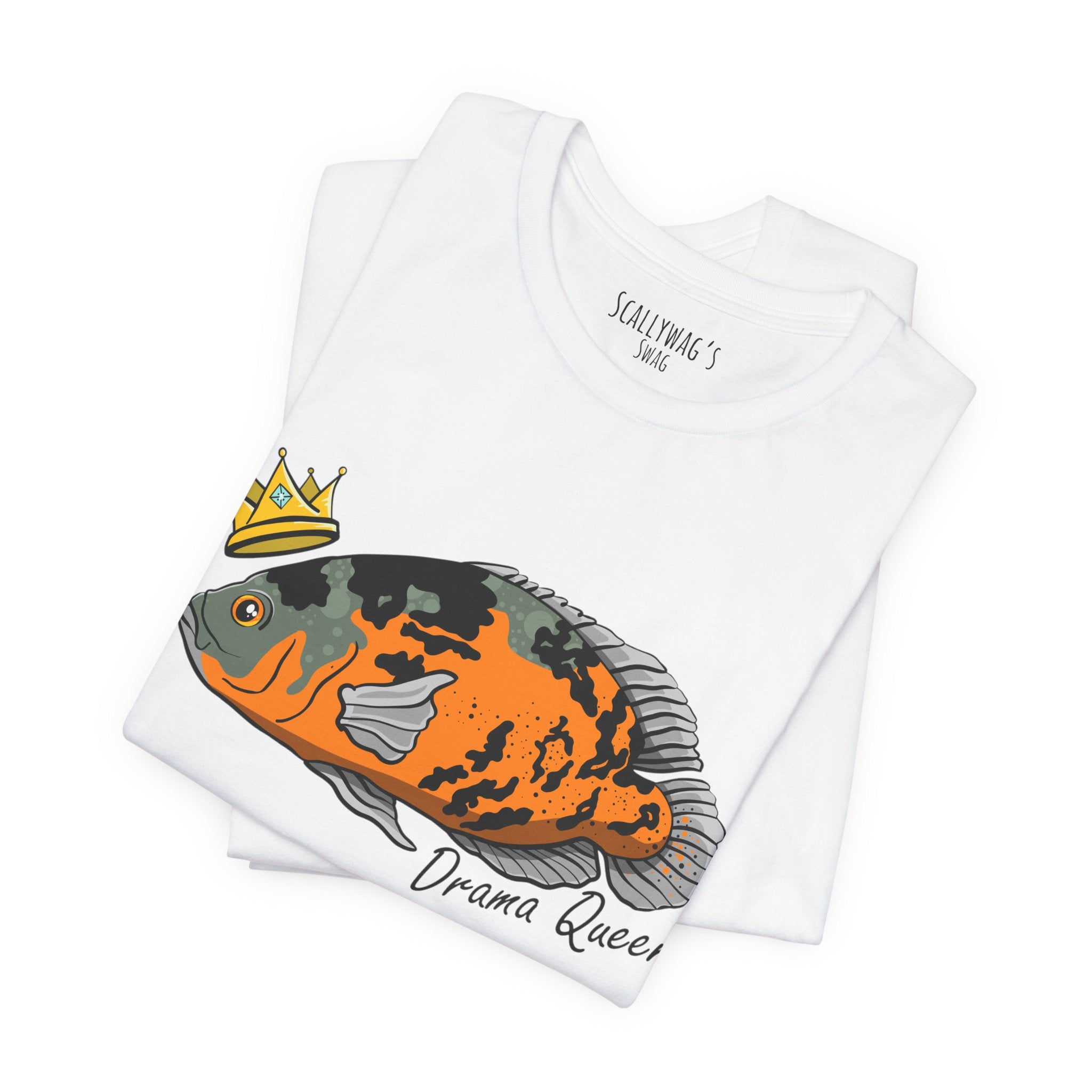 White Drama Queen Oscar Fish T-Shirt featuring a colorful crowned Oscar fish graphic