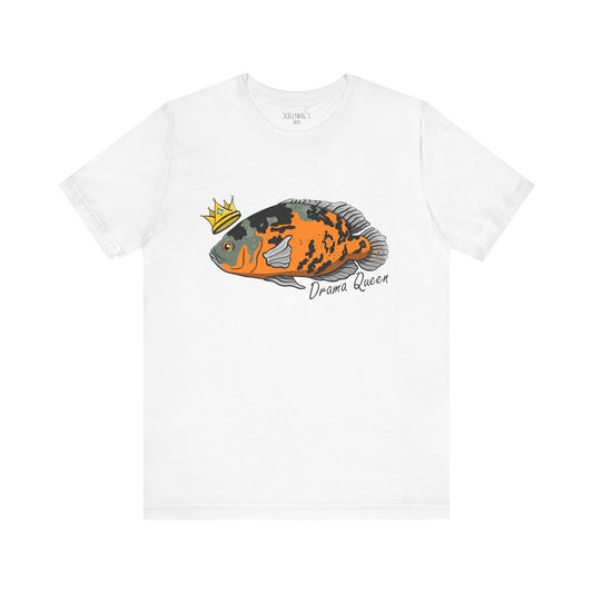 White Drama Queen Oscar Fish T-Shirt with orange and black fish wearing a crown graphic