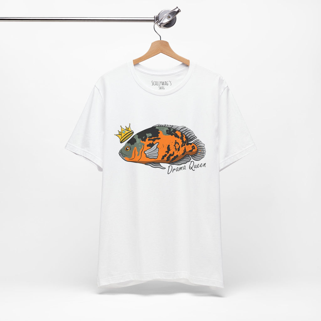 White Drama Queen Oscar Fish T-Shirt by Printify with colorful fish graphic and crown design