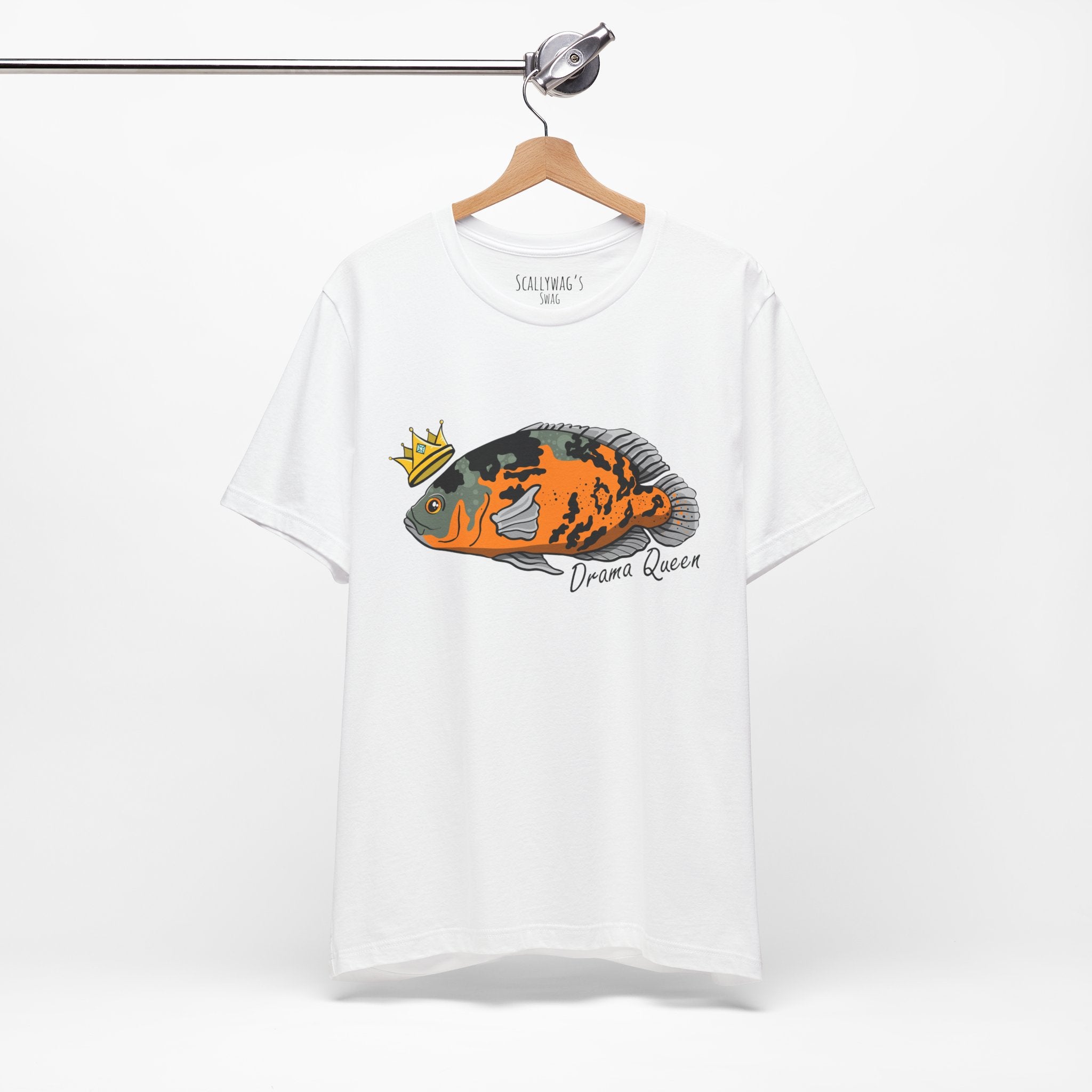 White Drama Queen Oscar Fish T-Shirt by Printify with colorful fish graphic and crown design