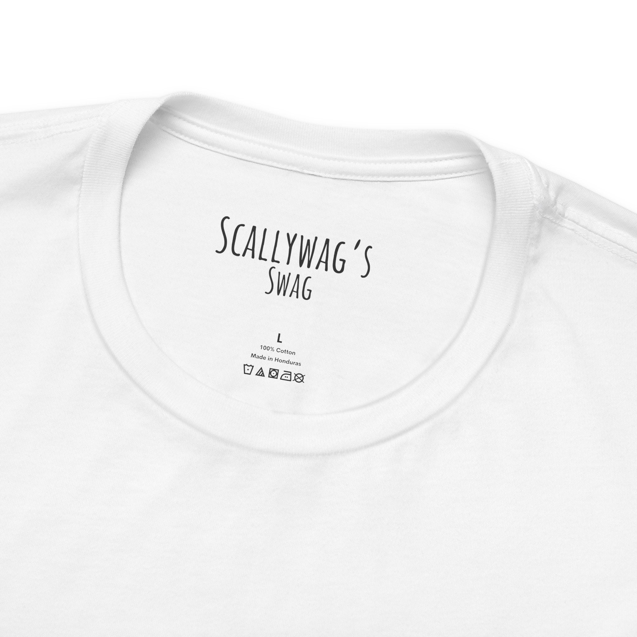 White Drama Queen Oscar Fish T-Shirt showing neckline and Scallywag's Swag label