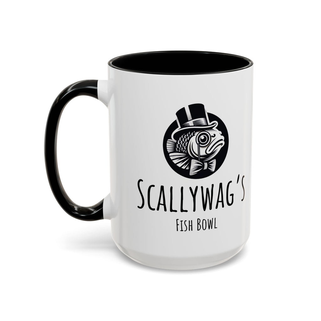 Scallywag's Fish Bowl coffee mug with black handle and interior featuring a fish with top hat design