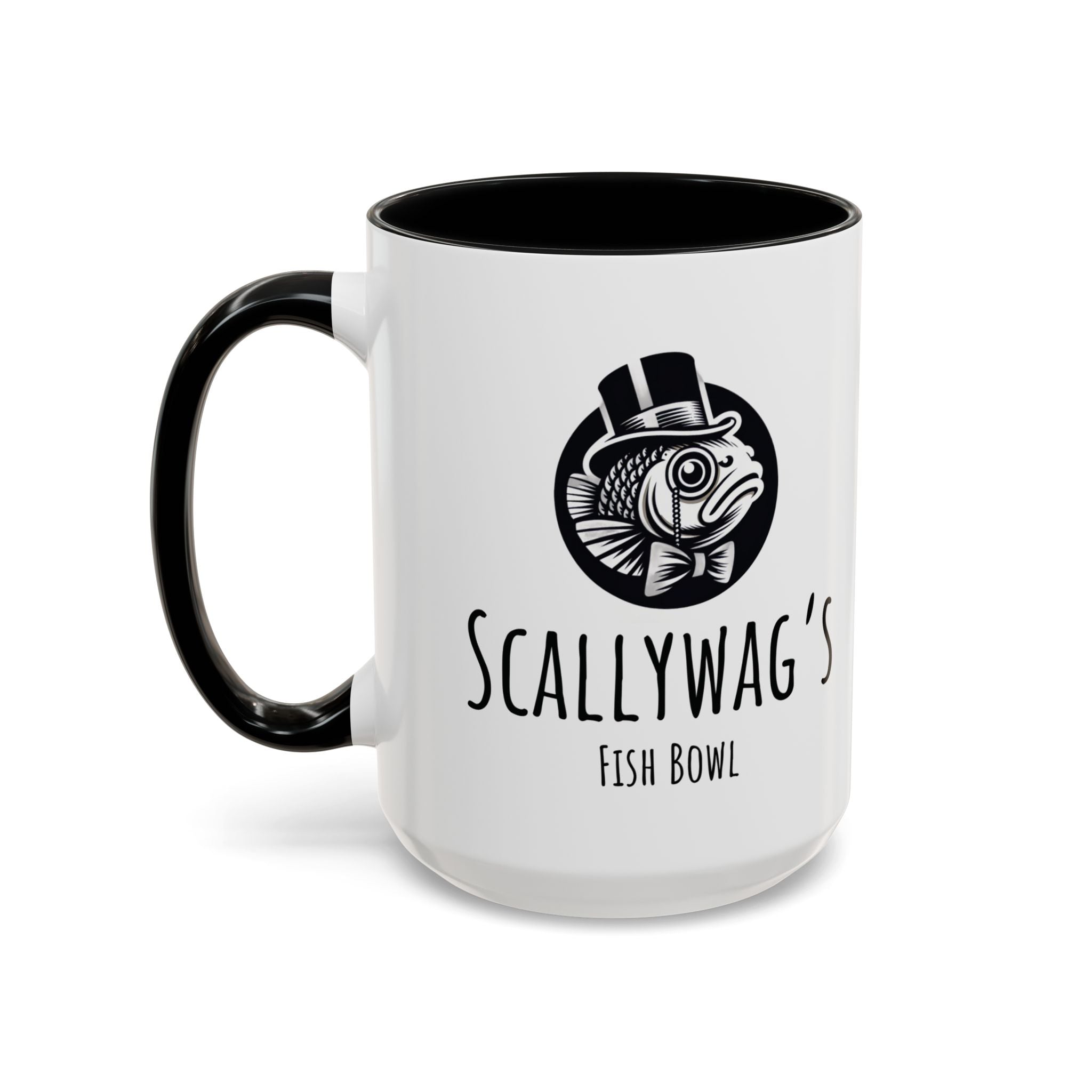 Scallywag's Fish Bowl coffee mug with black handle and interior featuring a fish with top hat design