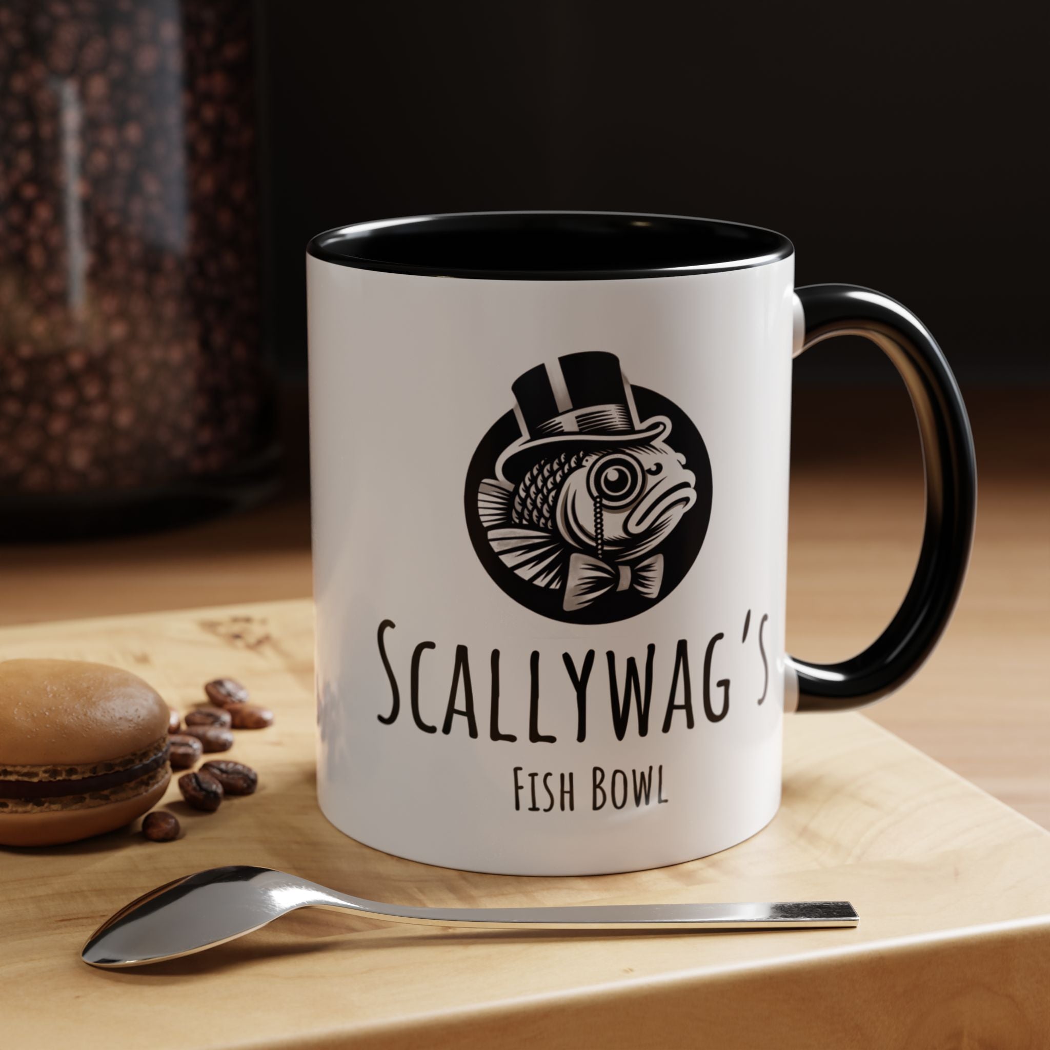 Scallywag's Fish Bowl coffee mug with black handle and fish graphic on white ceramic