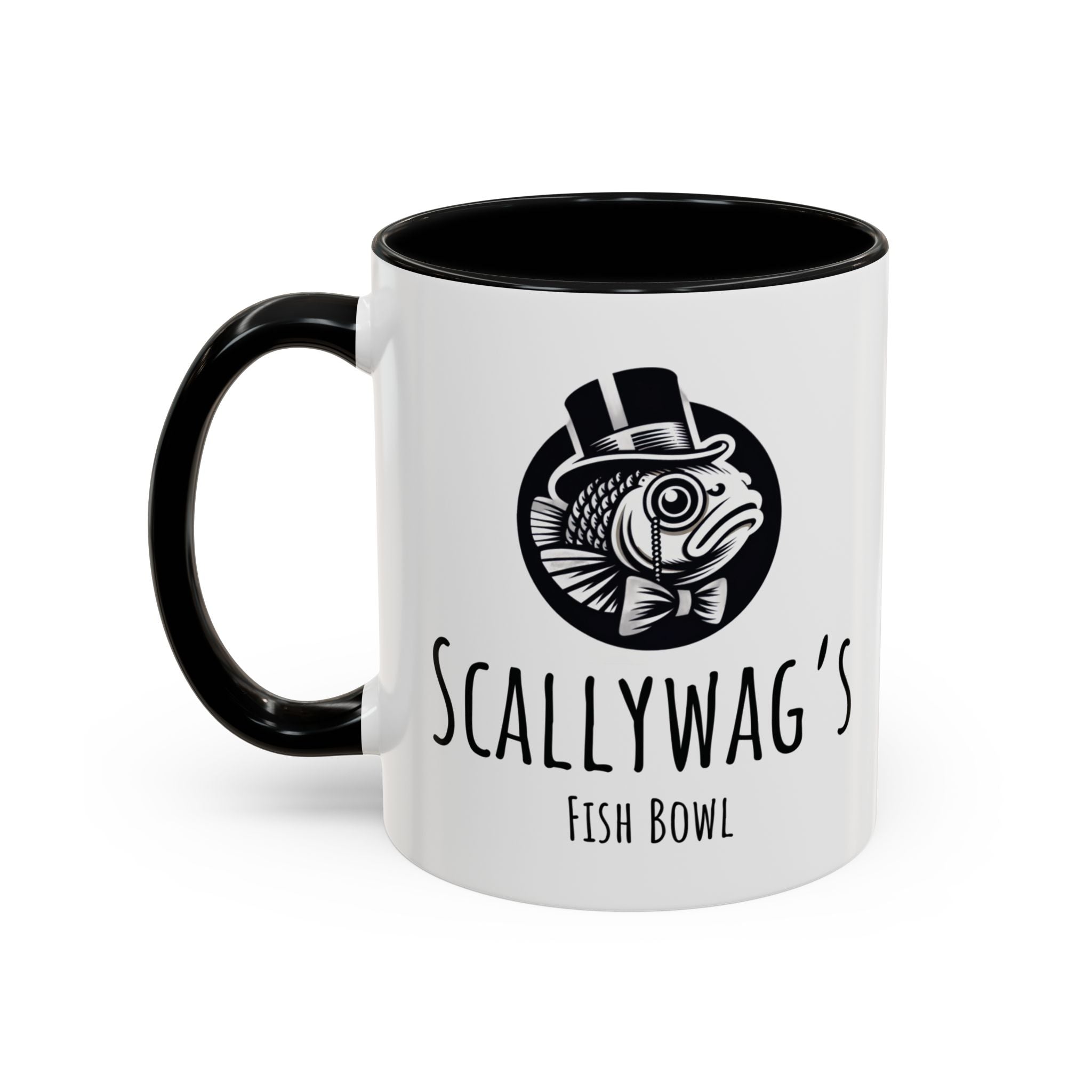 Printify Scallywag's Fish Bowl coffee mug with black handle and fish wearing a top hat design