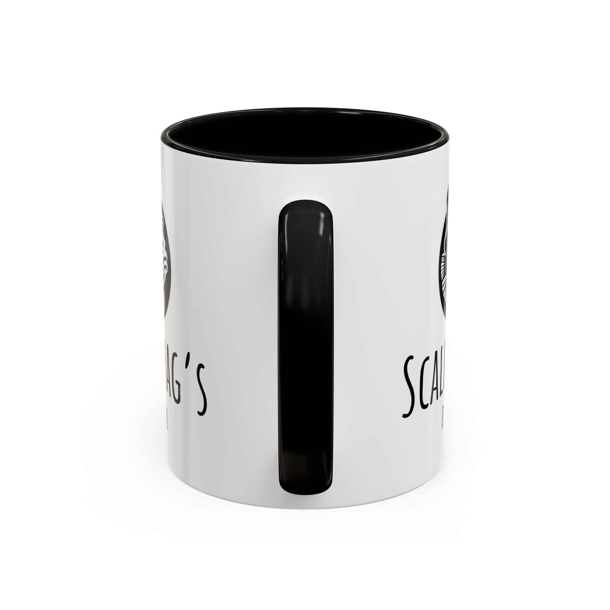 White mug with black handle and interior featuring Scallywag's Fish Bowl coffee mug design