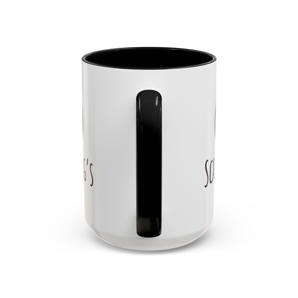 White ceramic Scallywag's Fish Bowl coffee mug with black handle and interior