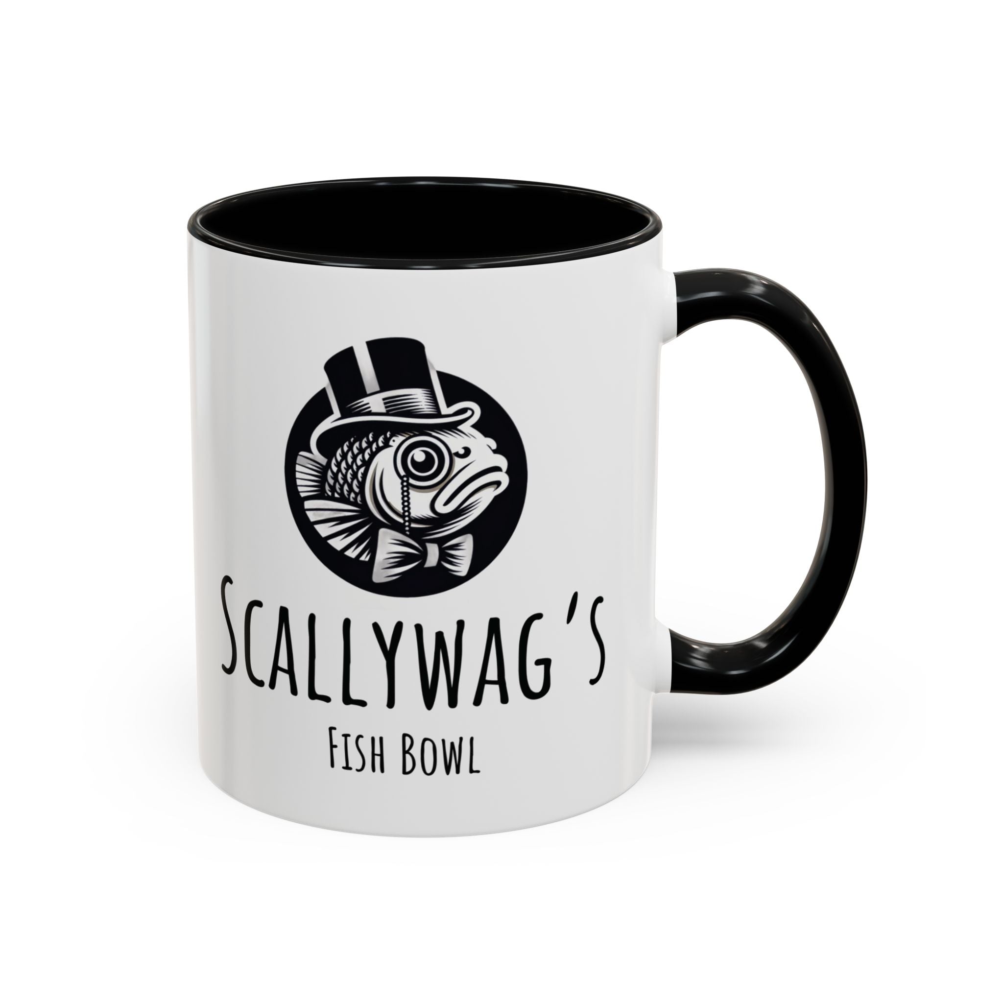 Scallywag's Fish Bowl coffee mug by Printify featuring black handle and quirky fish design with top hat