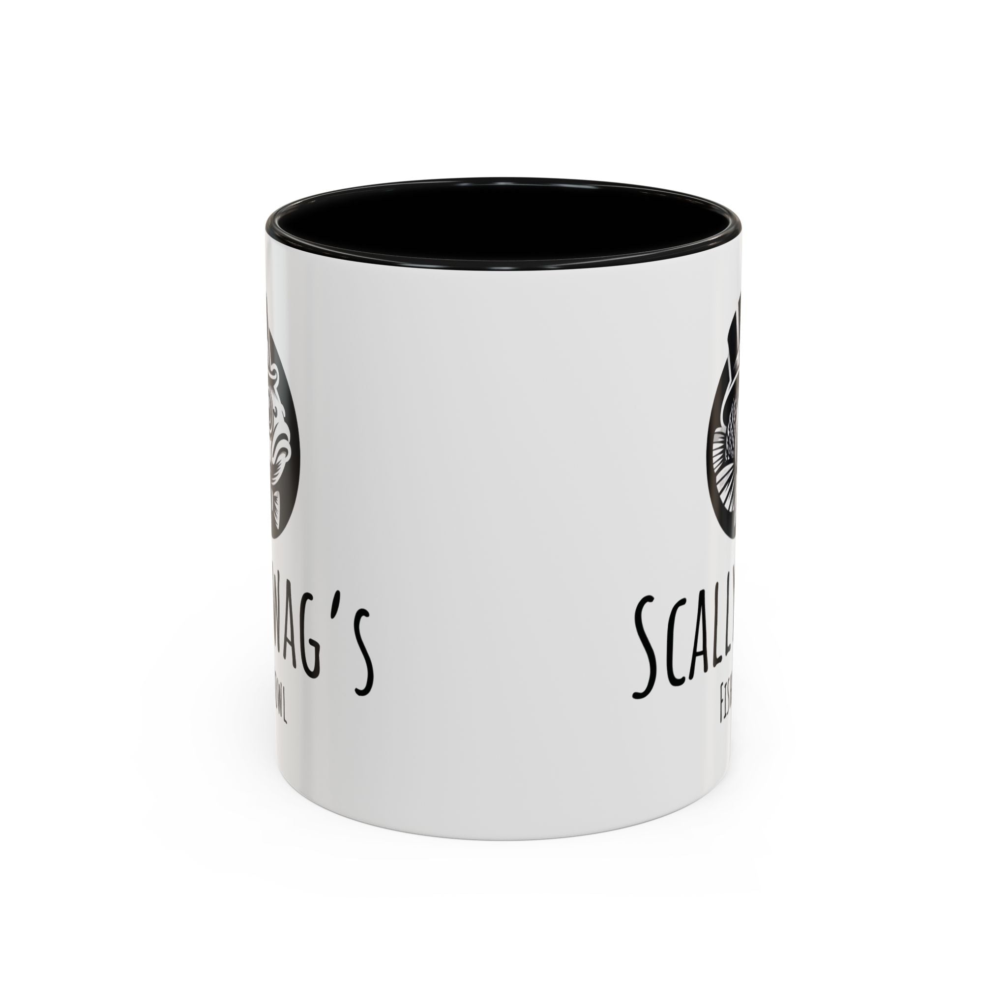 White ceramic Scallywag's Fish Bowl coffee mug with black interior