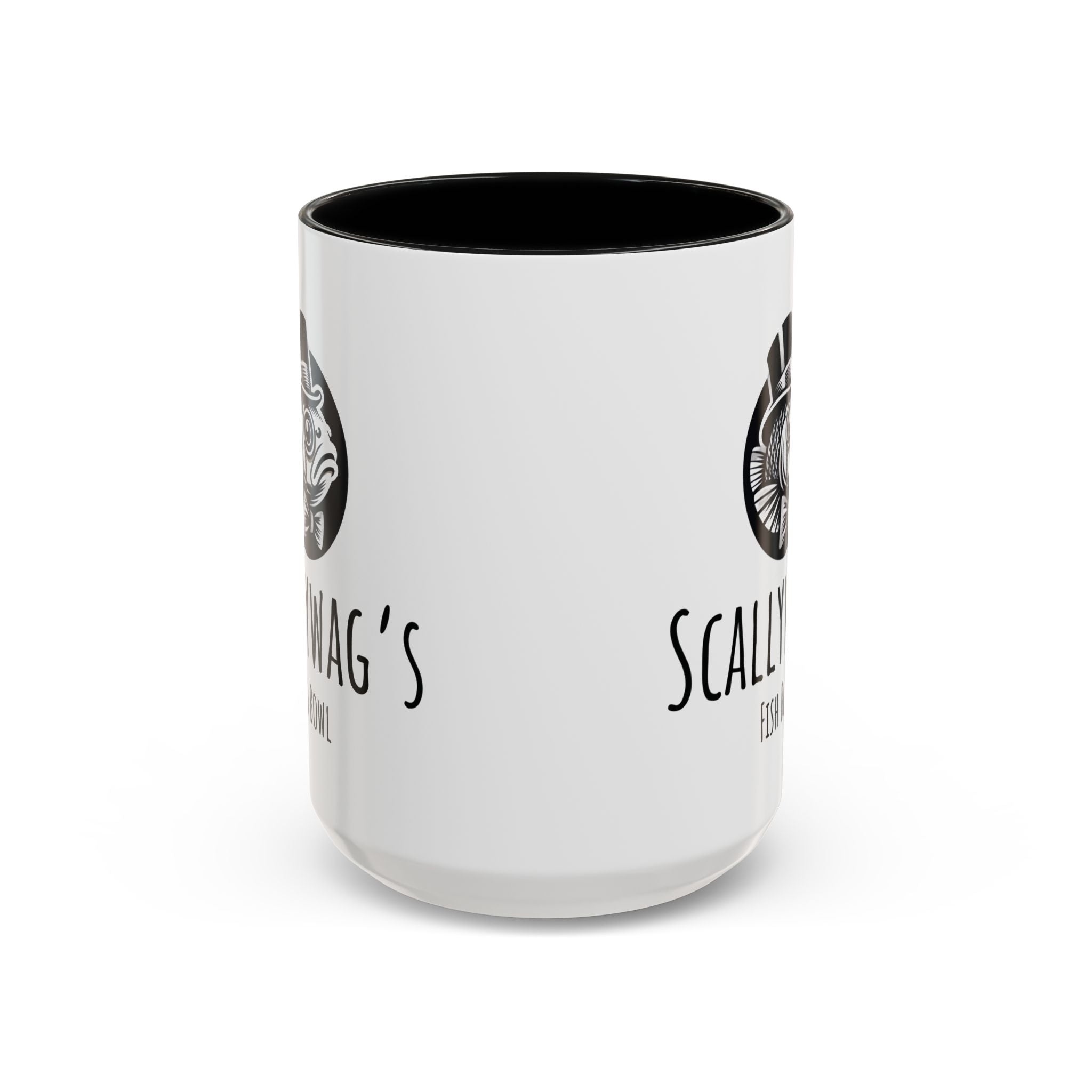 White ceramic Scallywag's Fish Bowl coffee mug with black interior and pirate fish design
