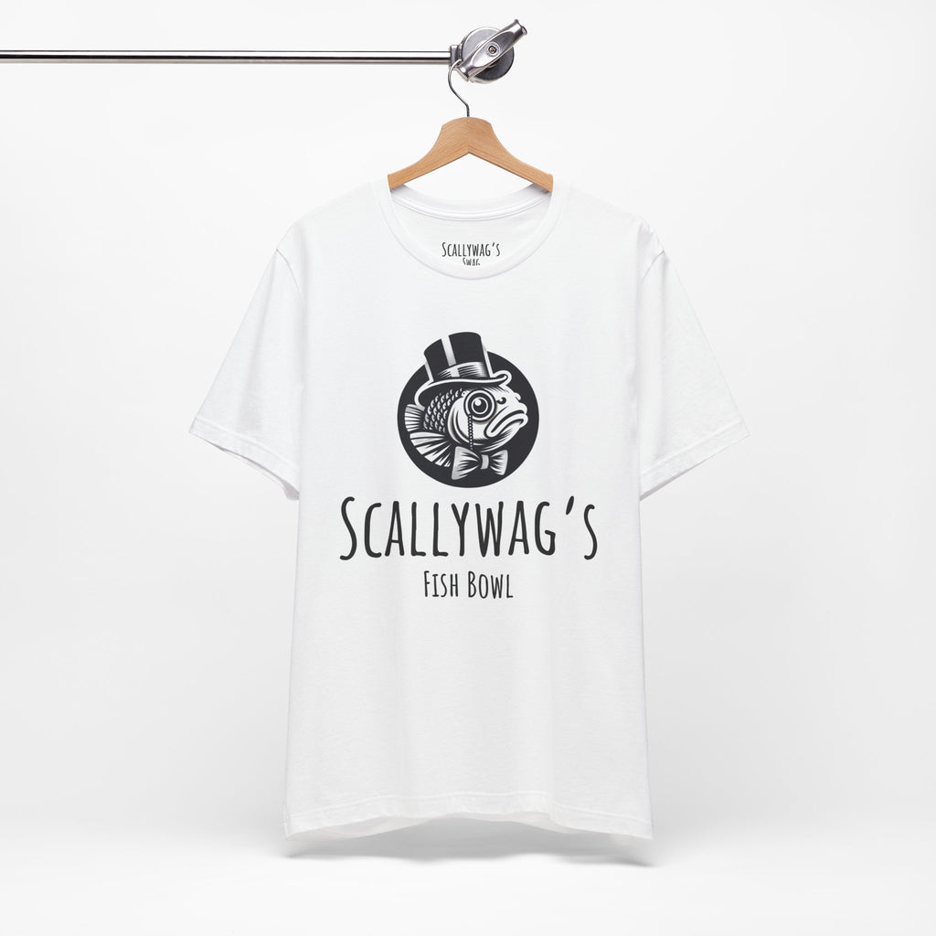 White Scallywag's Fish Bowl Logo Teefeaturing a fish wearing a top hat and bow tie