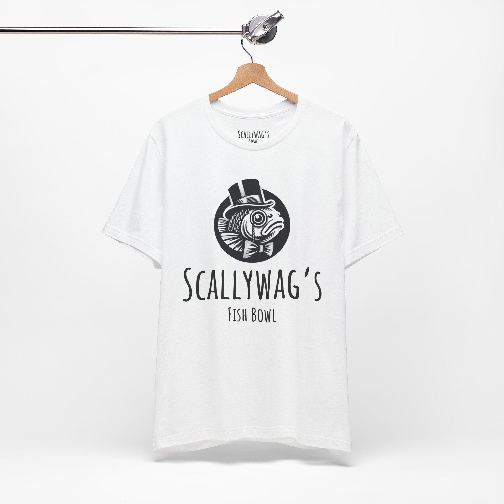 White Scallywag's Fish Bowl Logo Teefeaturing a fish wearing a top hat and bow tie