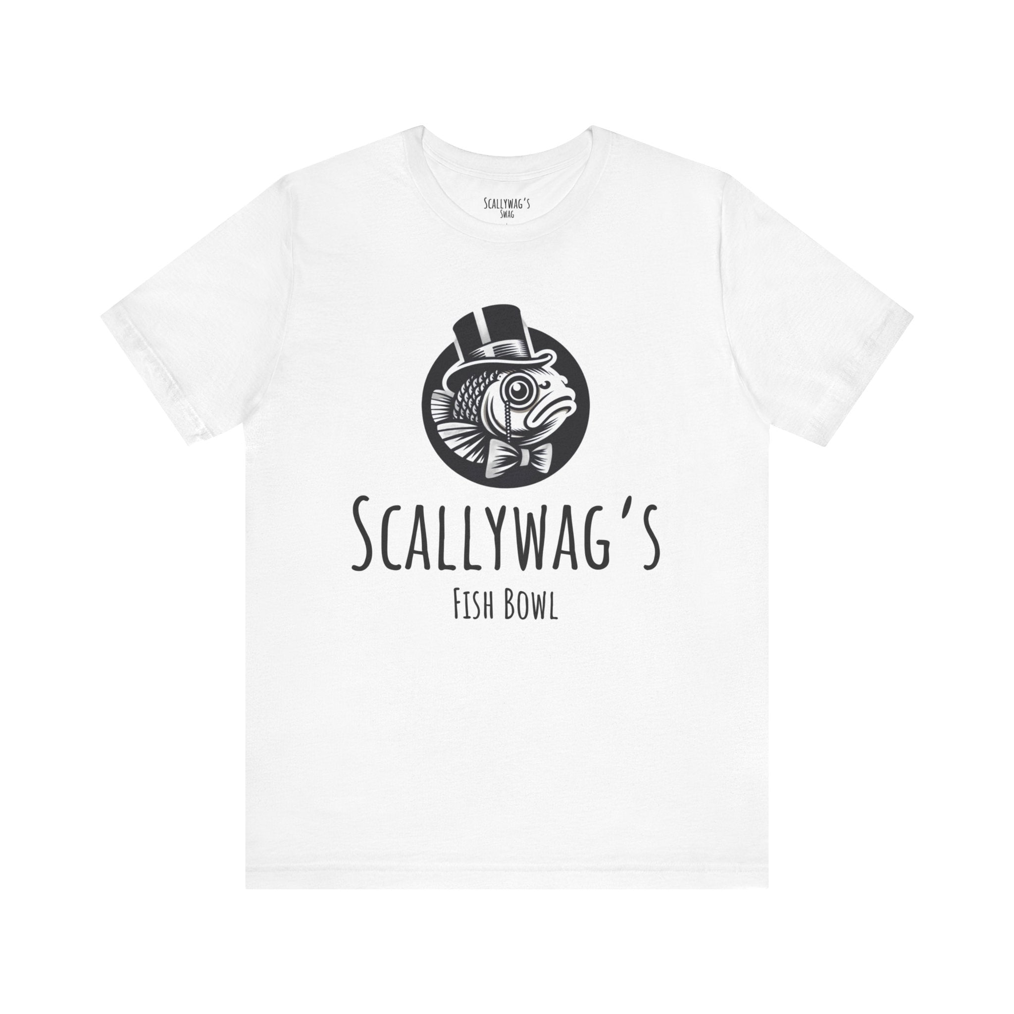 White T-shirt featuring Scallywag's Fish Bowl Logo Tee with a fish wearing a top hat and bow tie