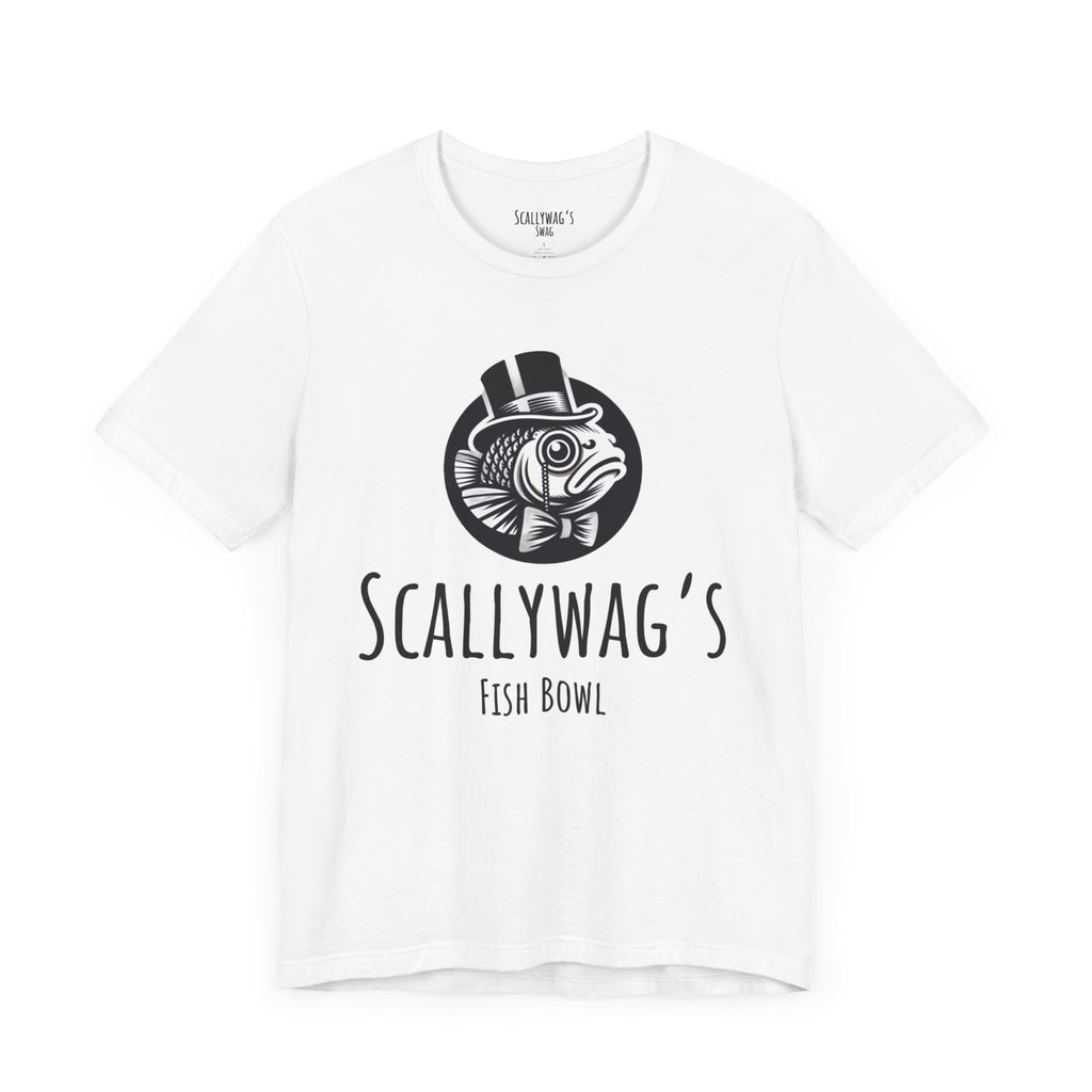 White Scallywag's Fish Bowl Logo Tee featuring a fish with a top hat and bow tie graphic