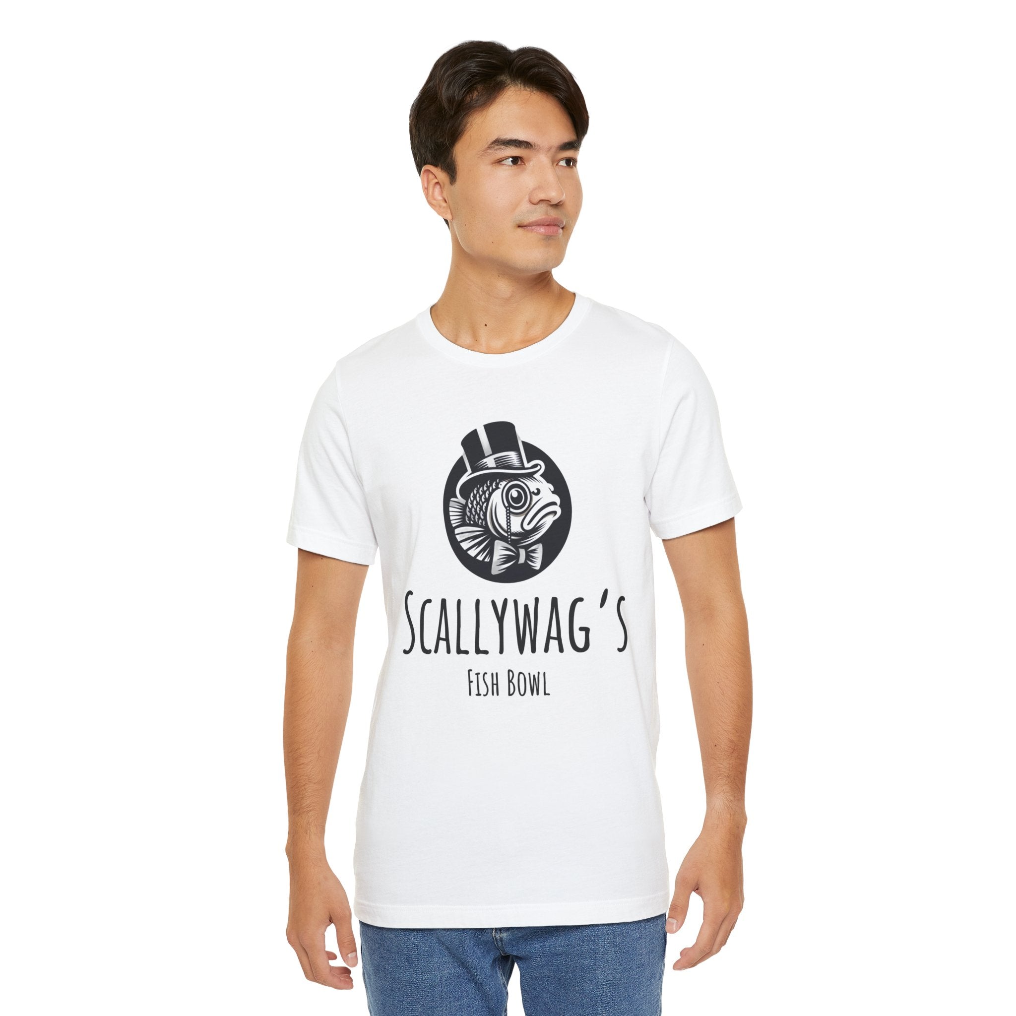 White Printify Scallywag's Fish Bowl Logo Tee with black fish graphic worn by man