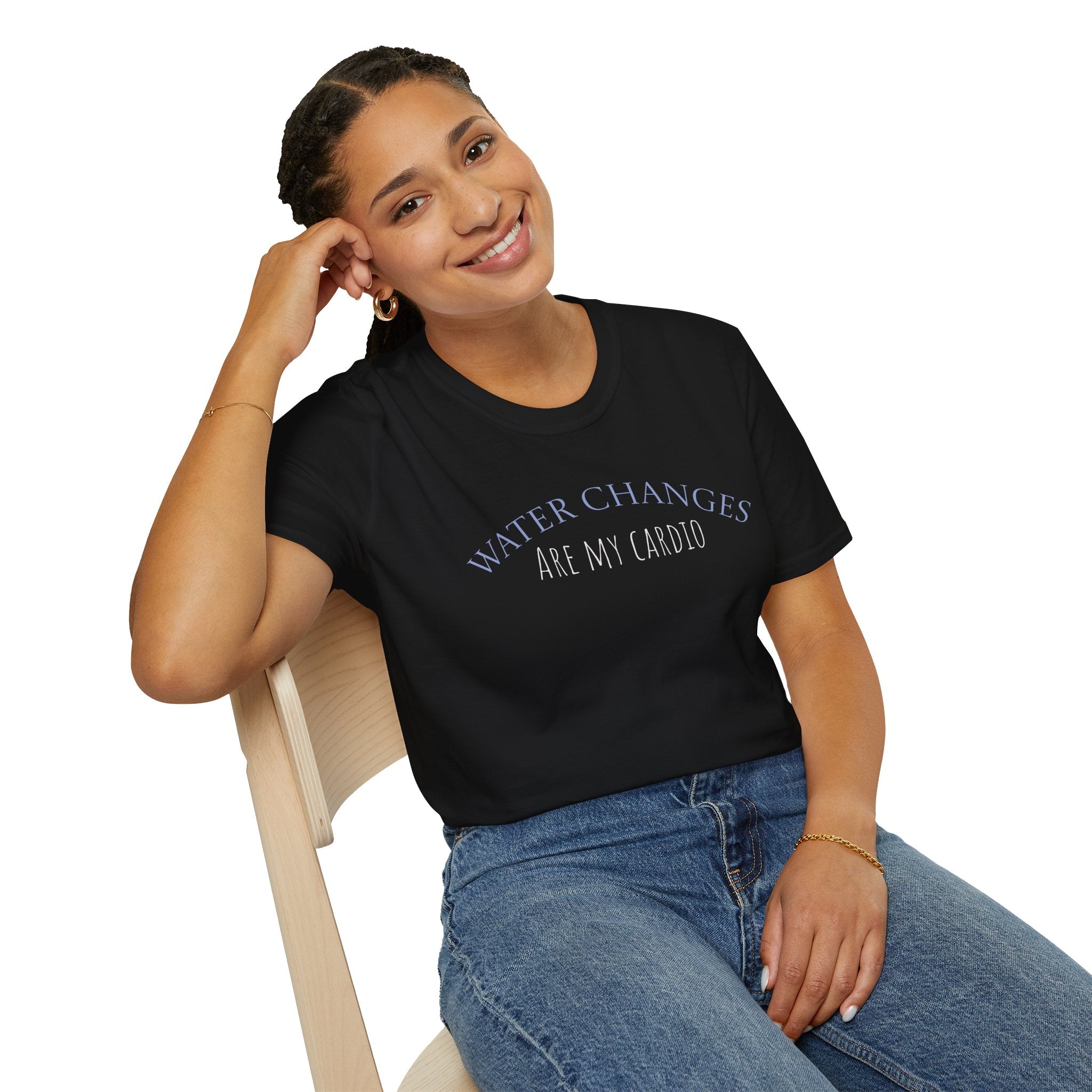 Printify funny aquarium t-shirt in black with Water Changes Are My Cardio text worn by smiling woman